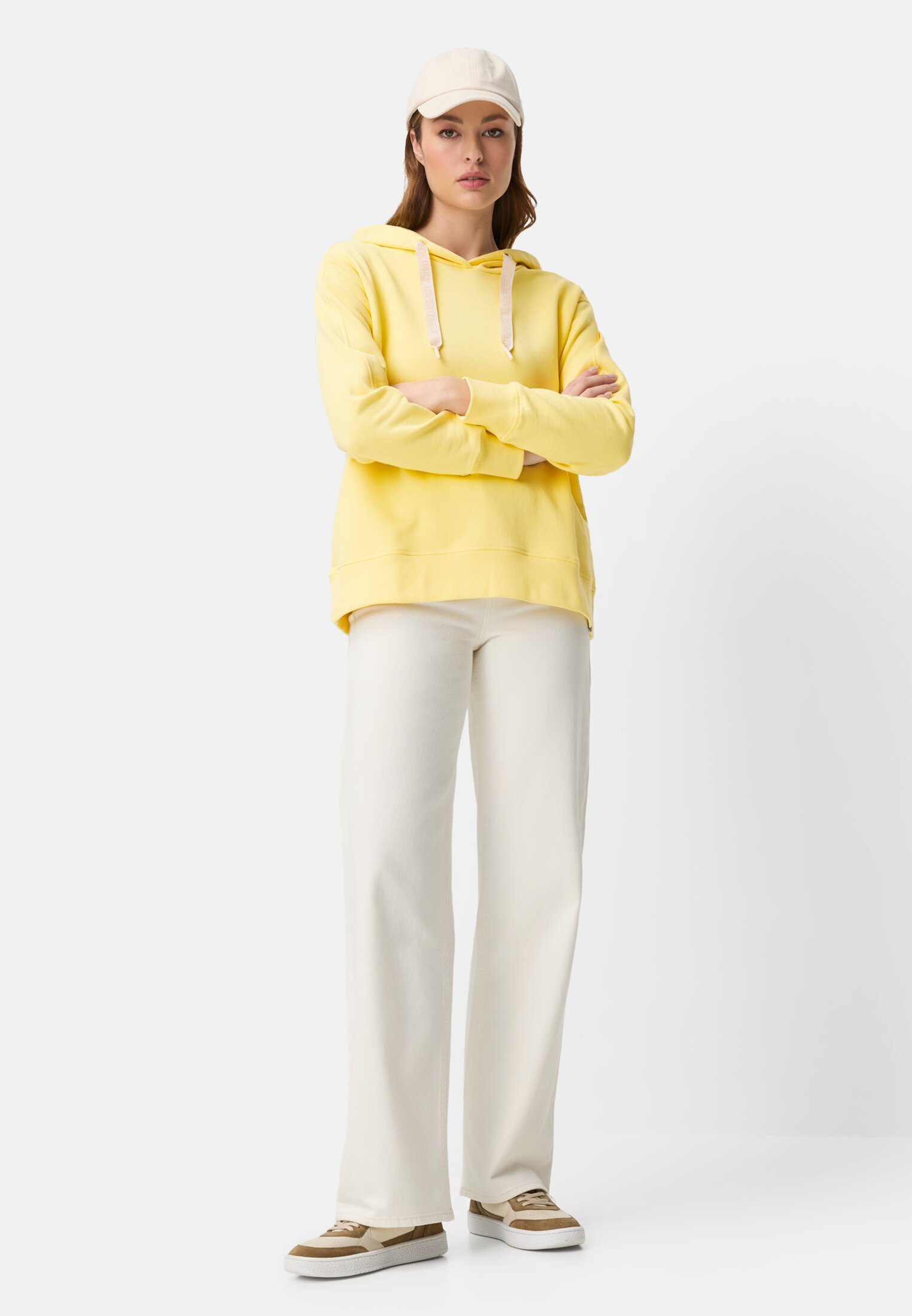 Women Hoodie made of pure cotton Lemon Yellow worn front full body