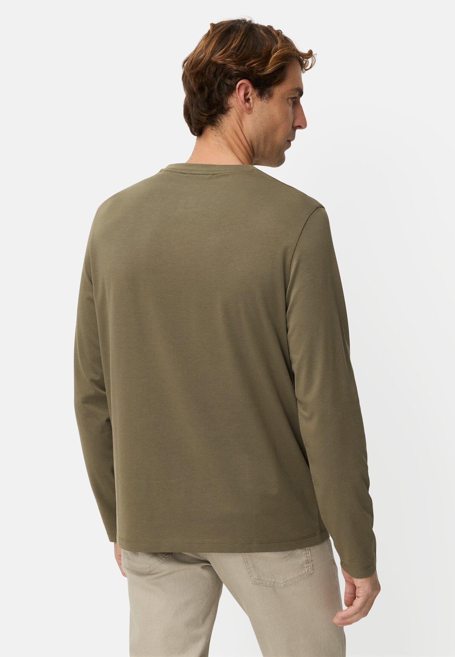 Heren fleXXXactive® Longsleeve met ronde hals Olijfgroen gedragen achter