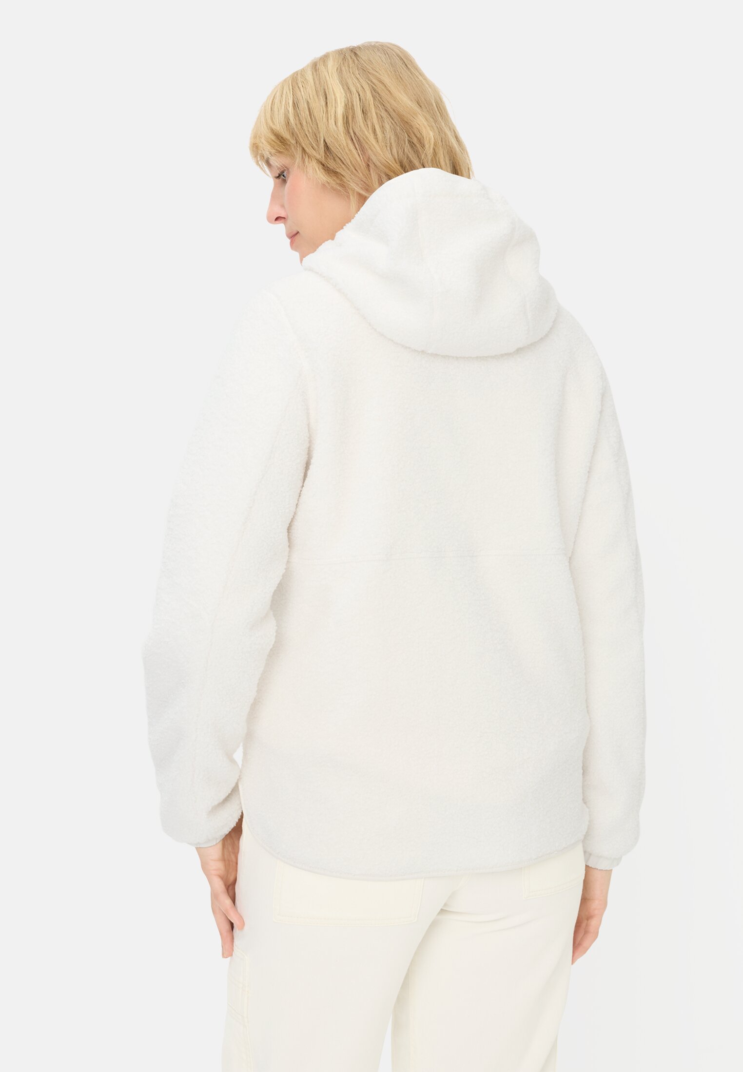 Damen Polar-Fleecejacke mit fester Kapuze Milchweiß getragen hinten