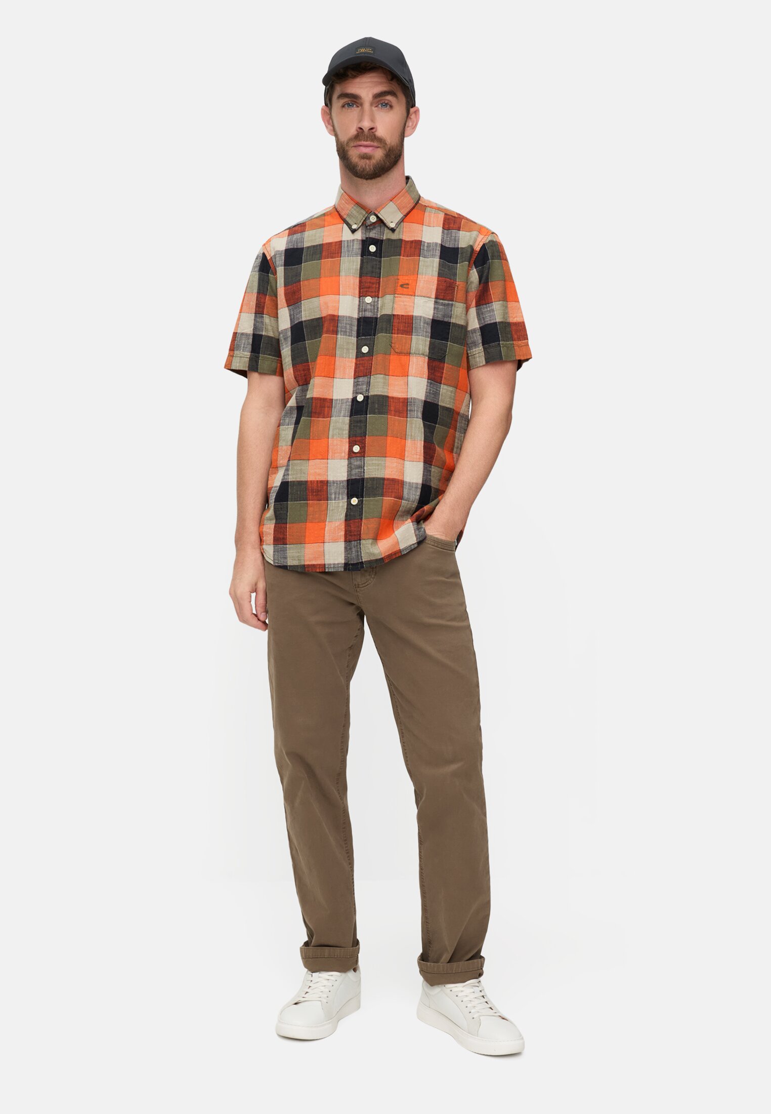 Men Checkered shirt made of pure cotton Orange worn front full body