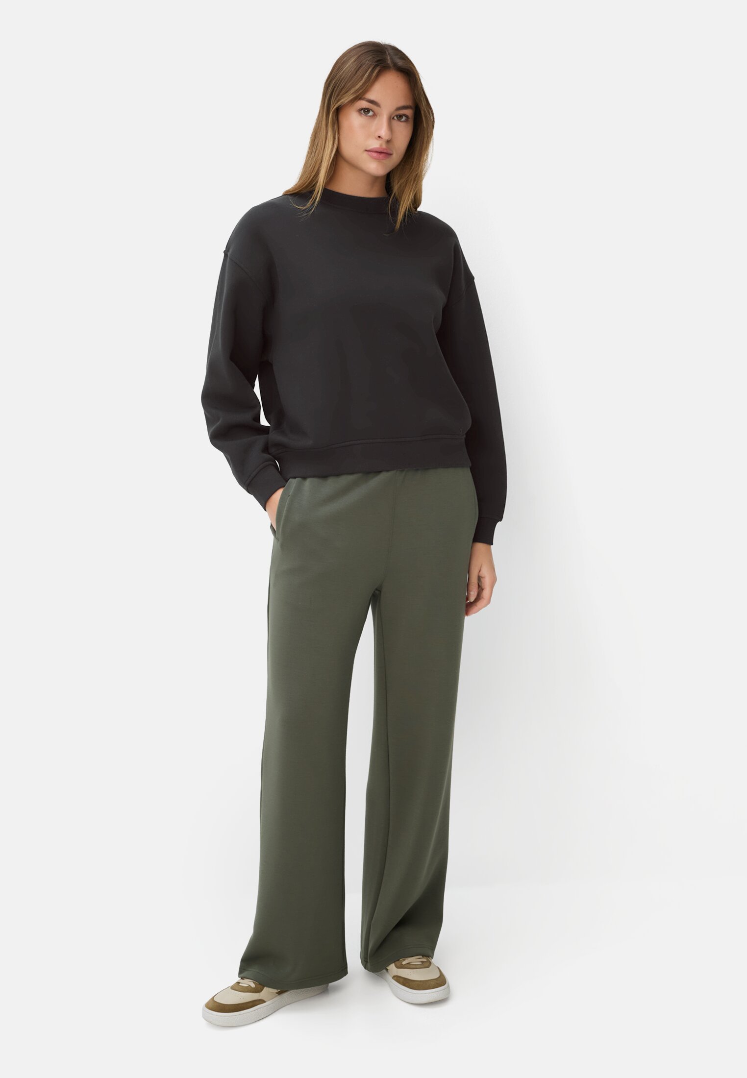 Women Sweatshirt with a back print Black worn front full body