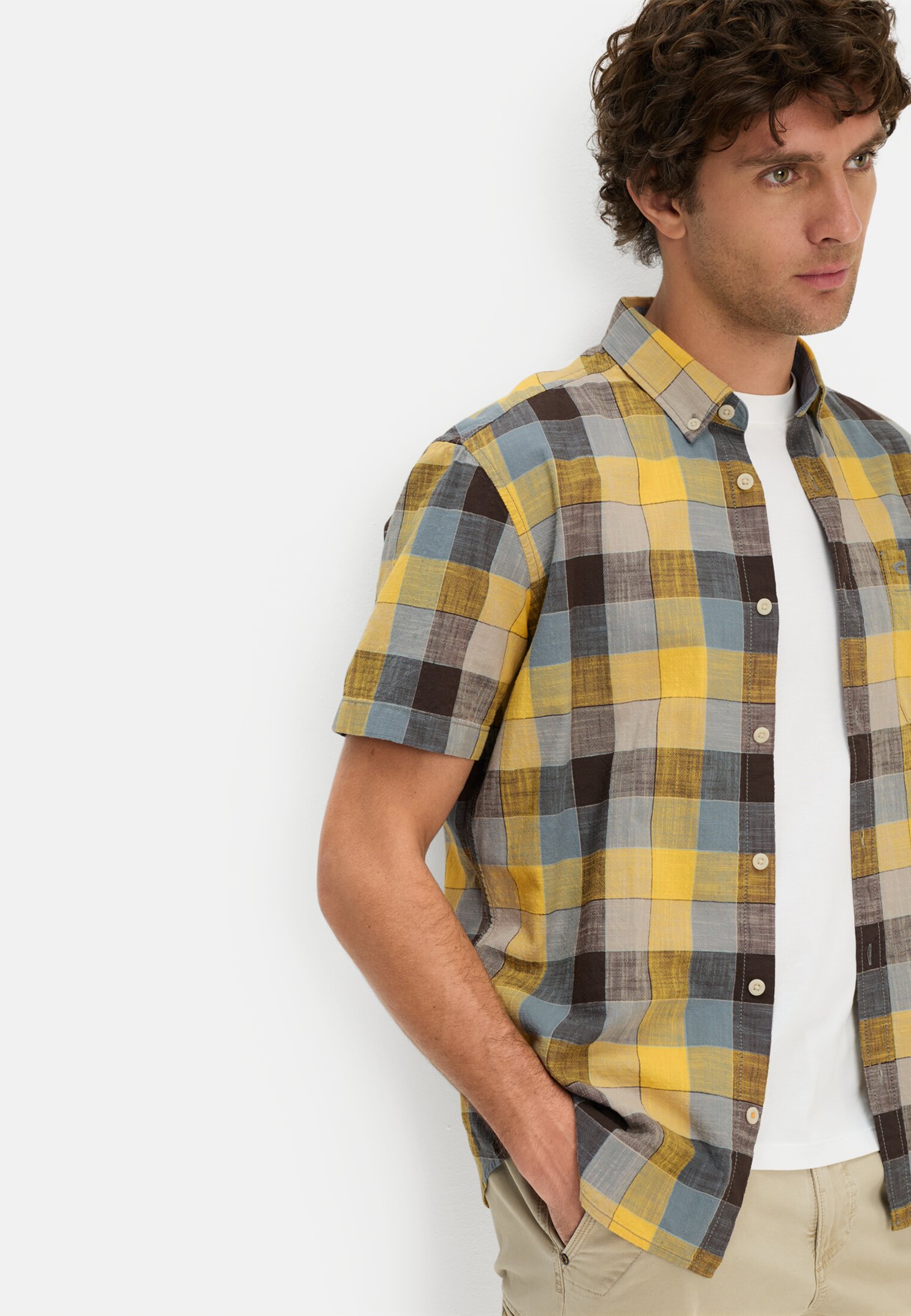 Heren Geruit overhemd van puur katoen Zonnegeel gedragen emotional