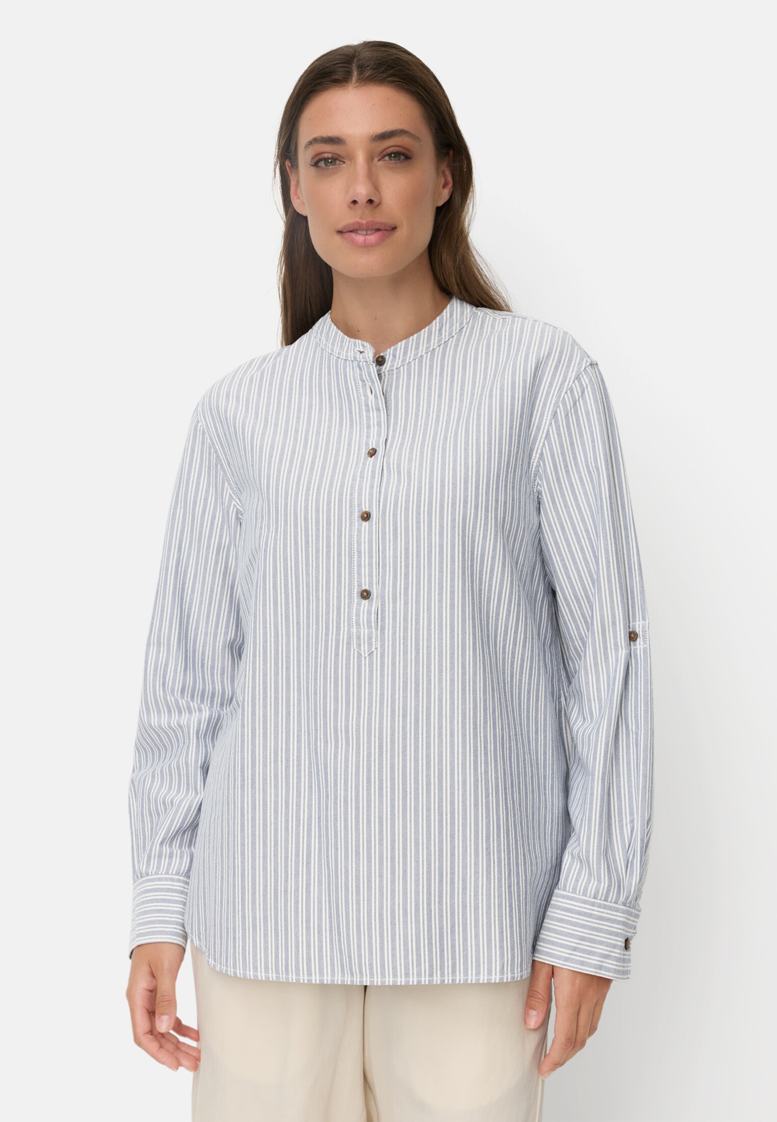 Women Cotton blouse with button placket Blue-White worn front