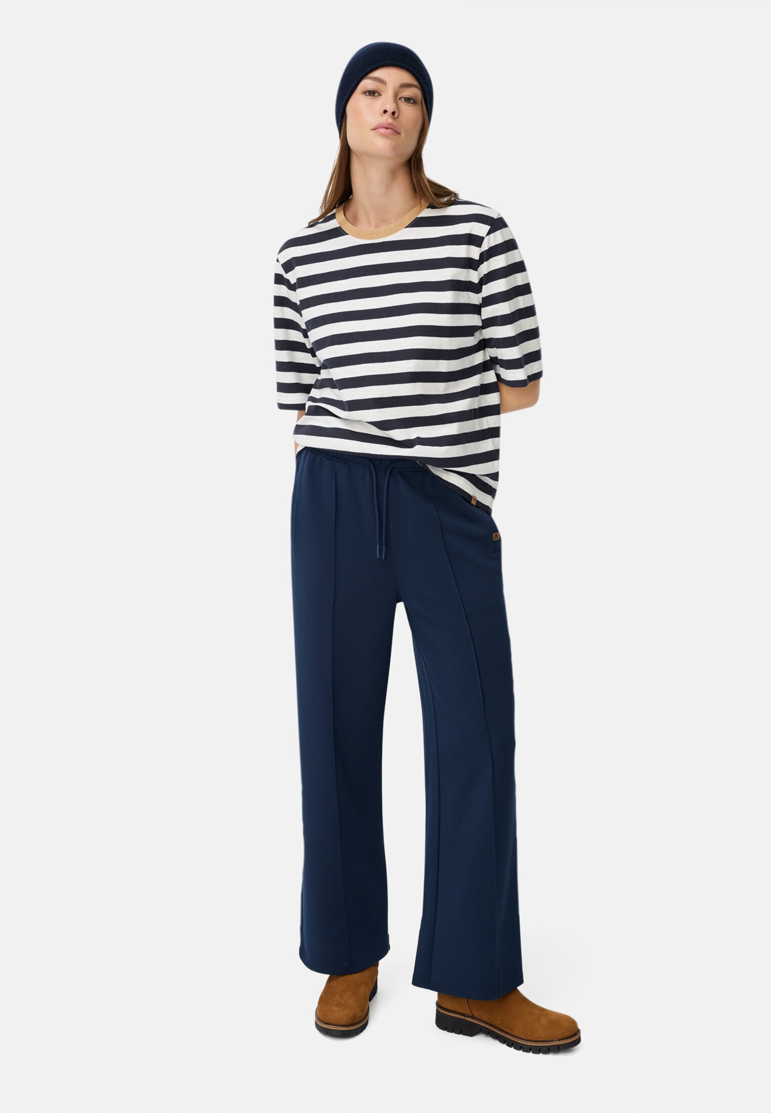 Women T-shirt with a striped pattern Blue and white striped worn front full body