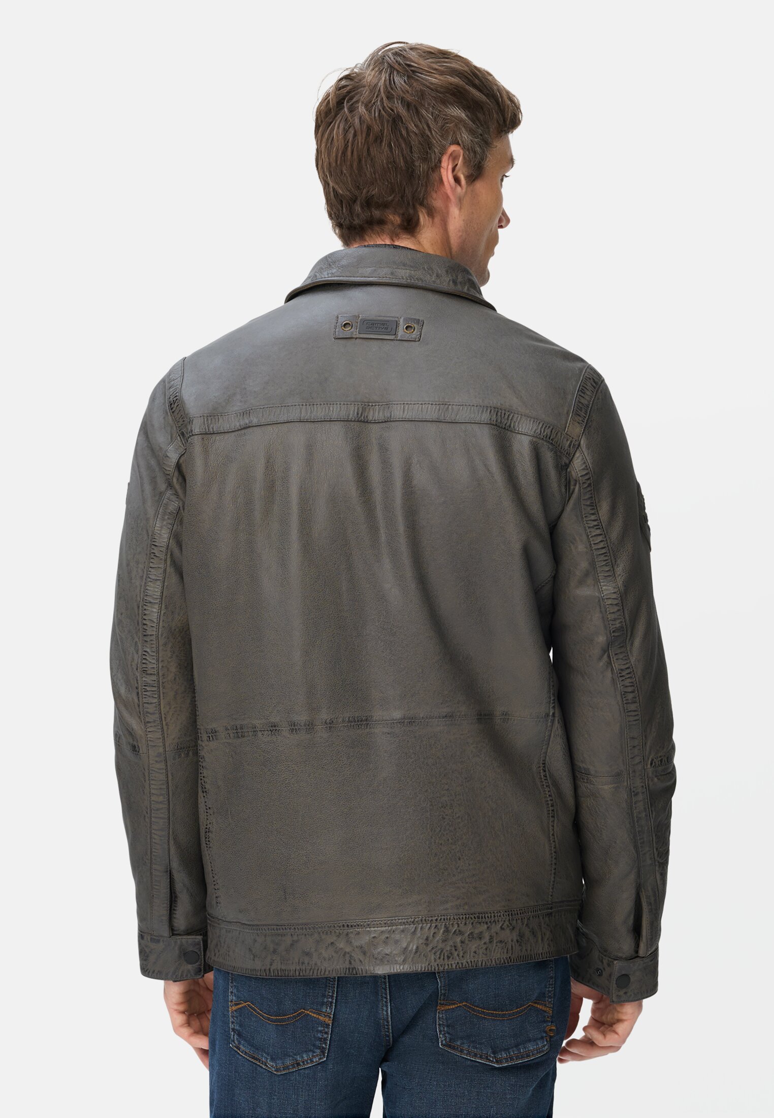 Herren Gefütterte Lederjacke mit Zwei-Wege-Reißverschluss Anthrazit getragen hinten
