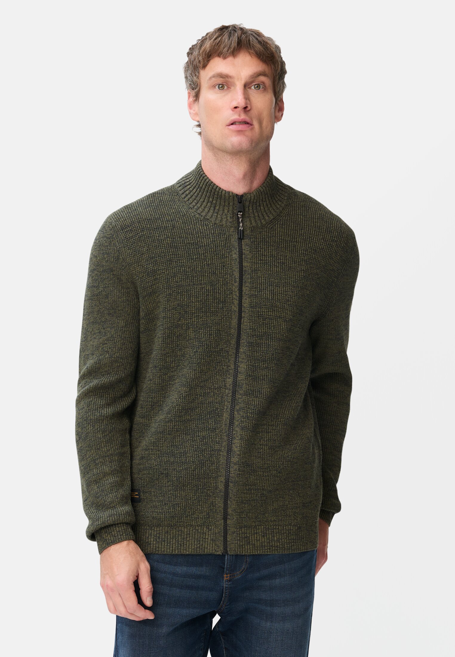Men Chunky Cardigan made of Cotton Blend Olive green worn front