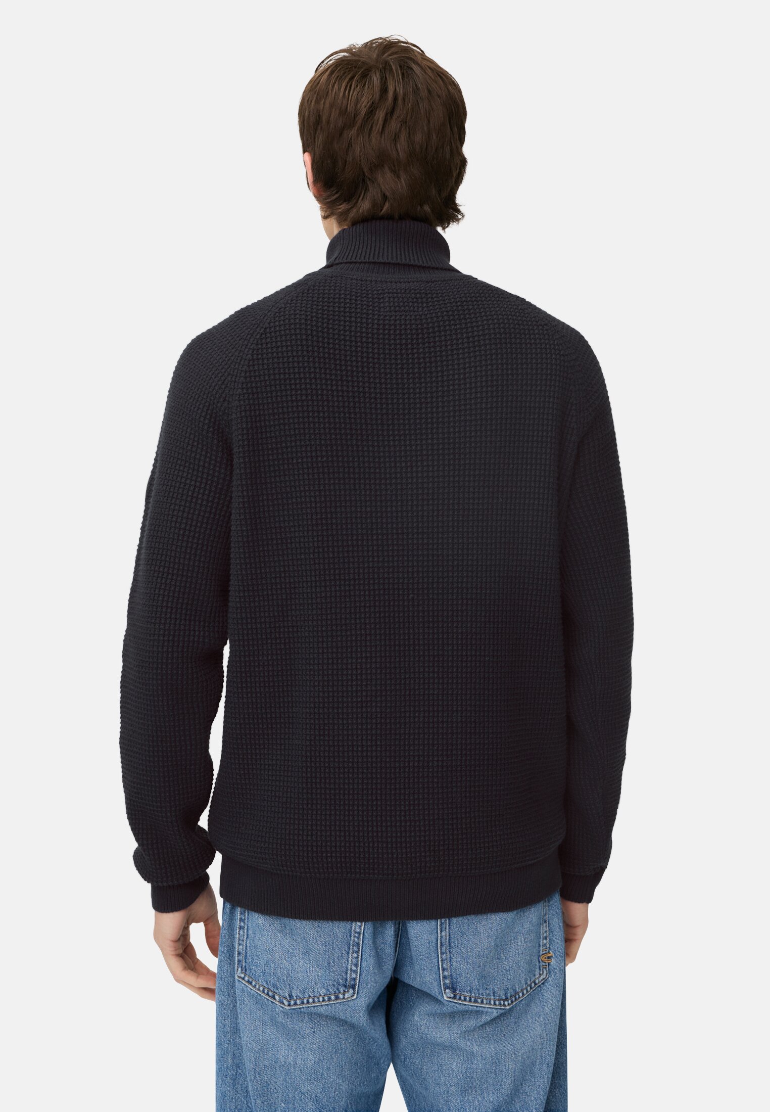 Men Knitted sweater with stand-up collar Navy blue worn back