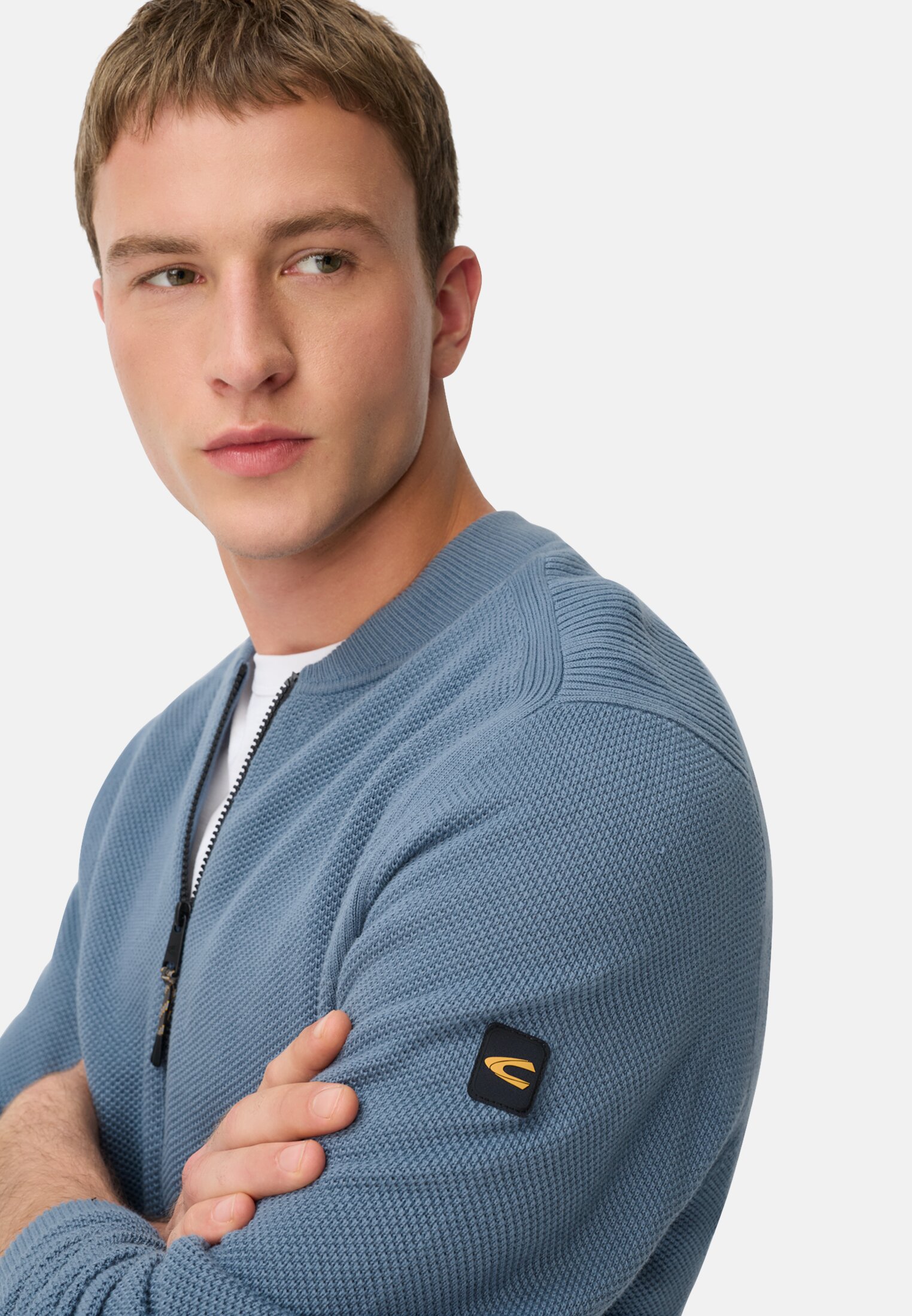 Men Bomber style cardigan Stone blue worn emotional
