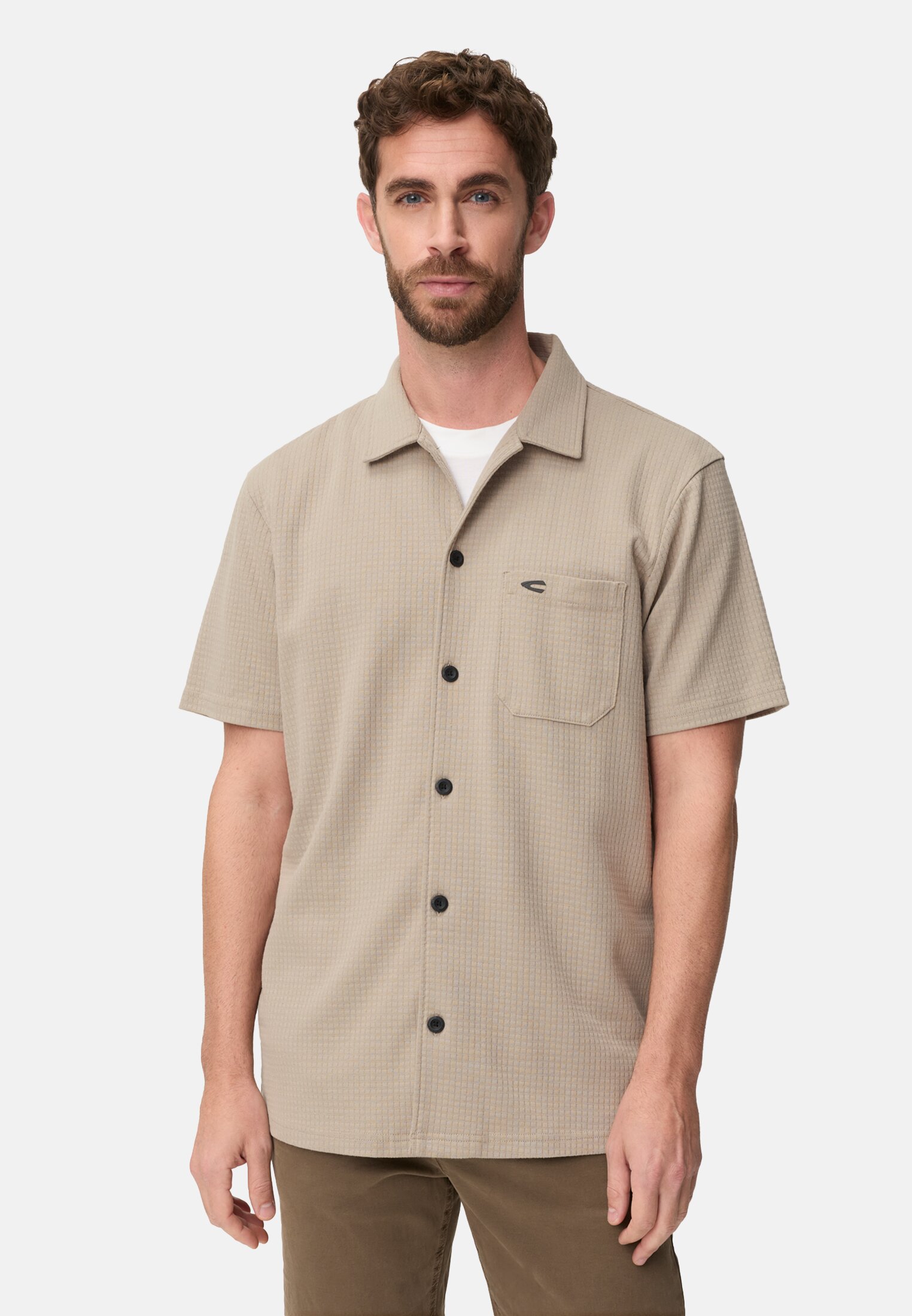 Heren Korte mouwen overhemd met borstzak Beige gedragen voor