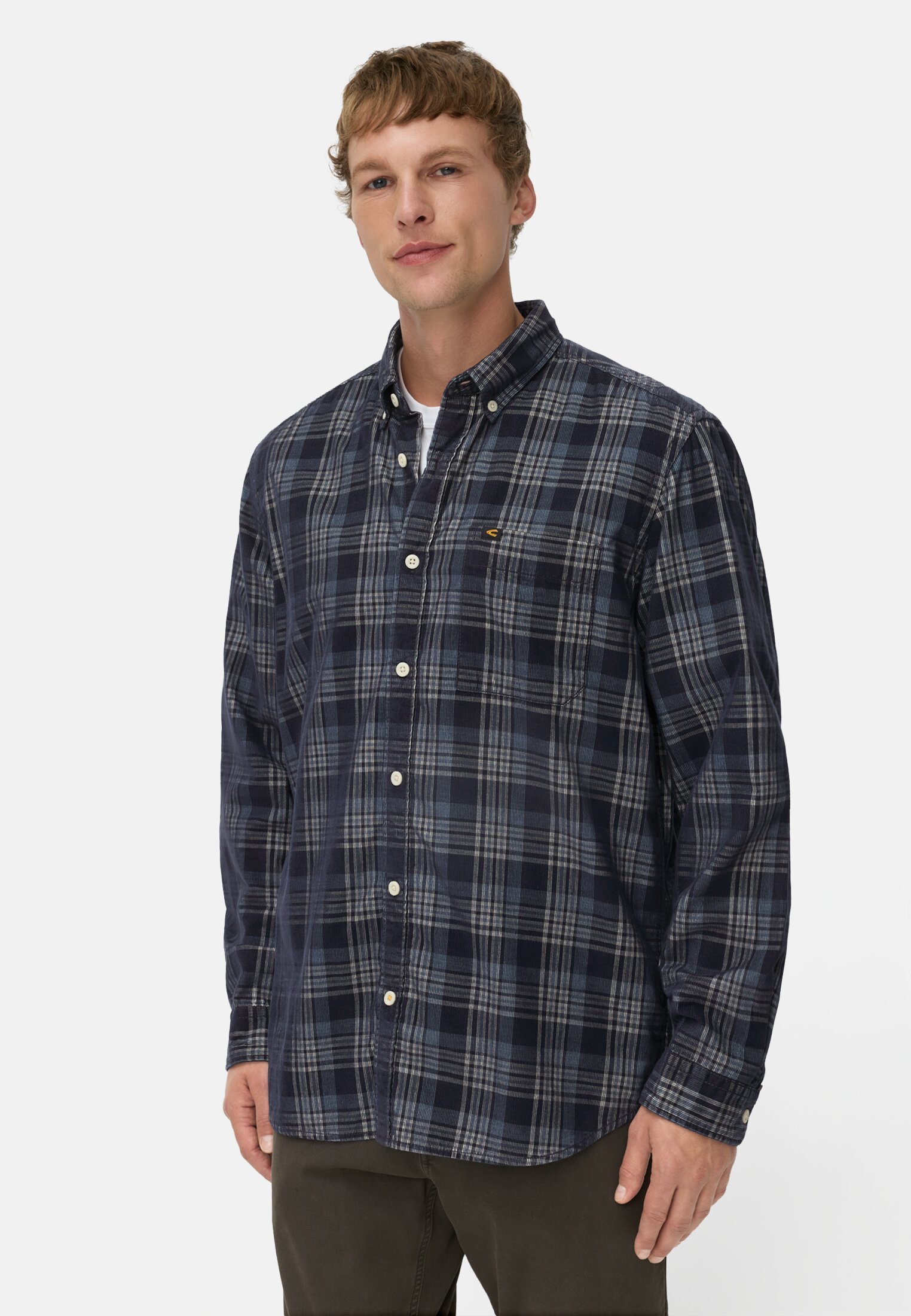 Men Checked long-sleeved shirt with chest pocket Navy blue worn front
