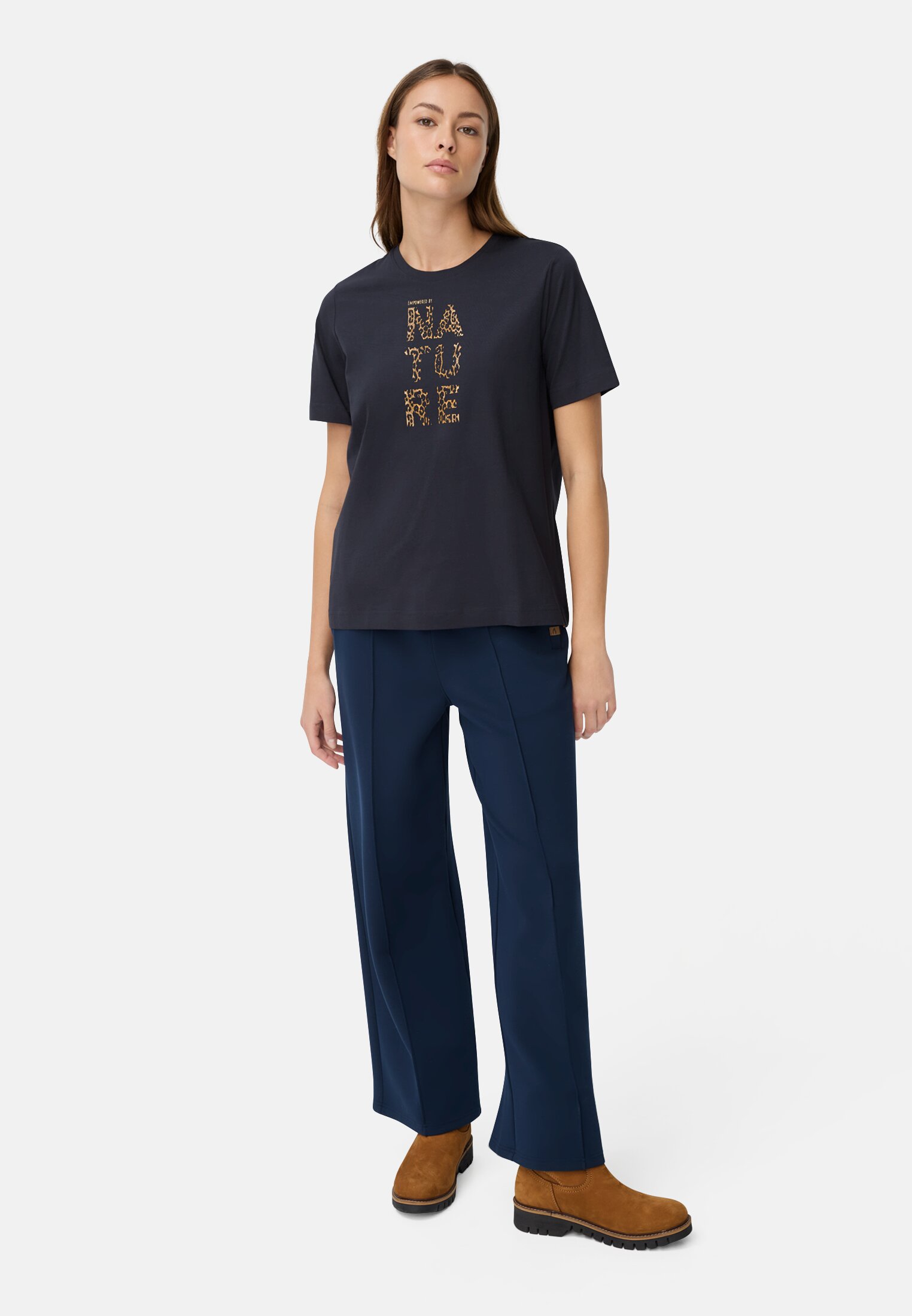 Women T-shirt made of pure cotton Midnight Blue worn front full body