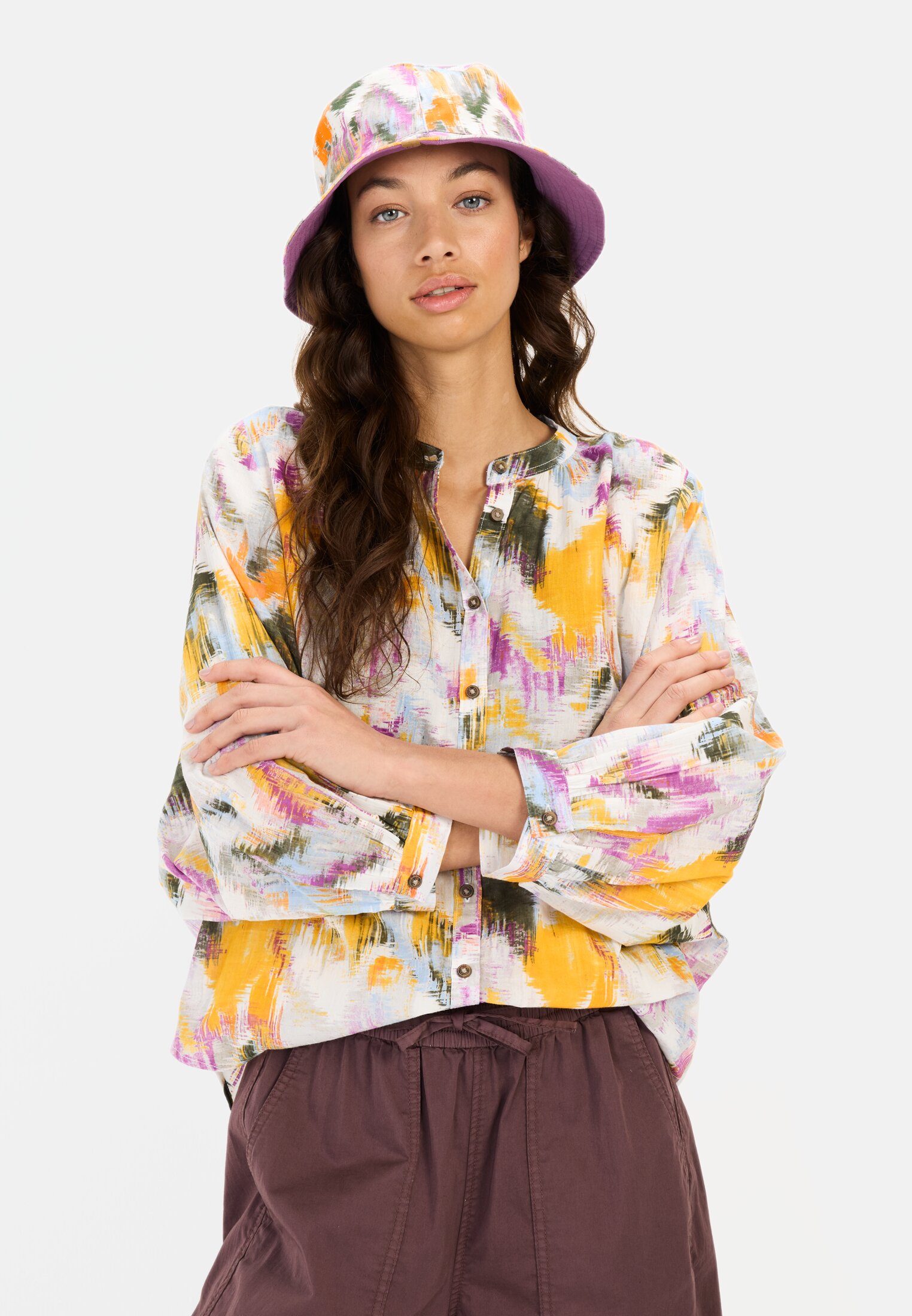 Women Blouse with all-over print AOP worn front