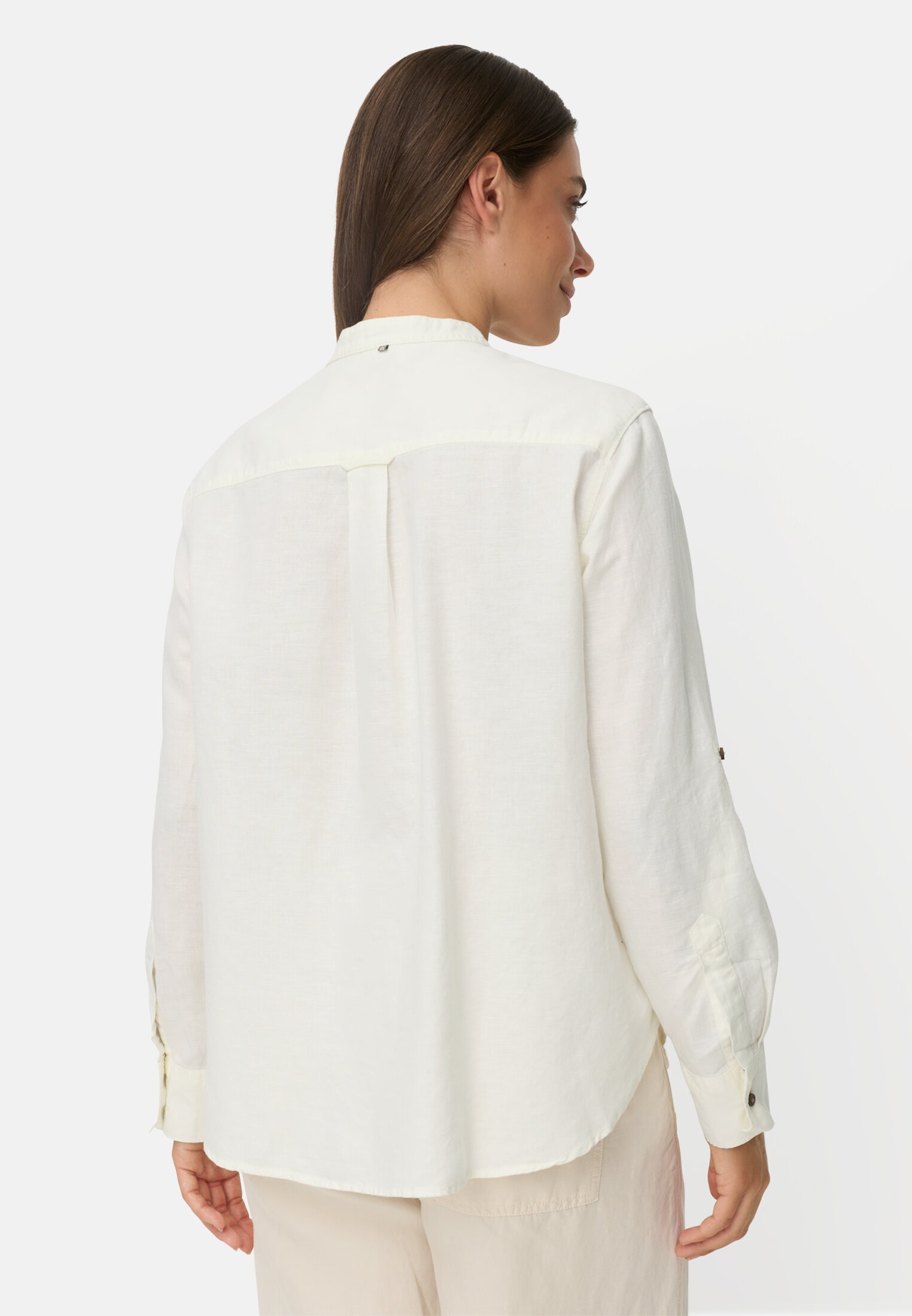 Women Blouse with stand-up collar and button placket Milk White worn back