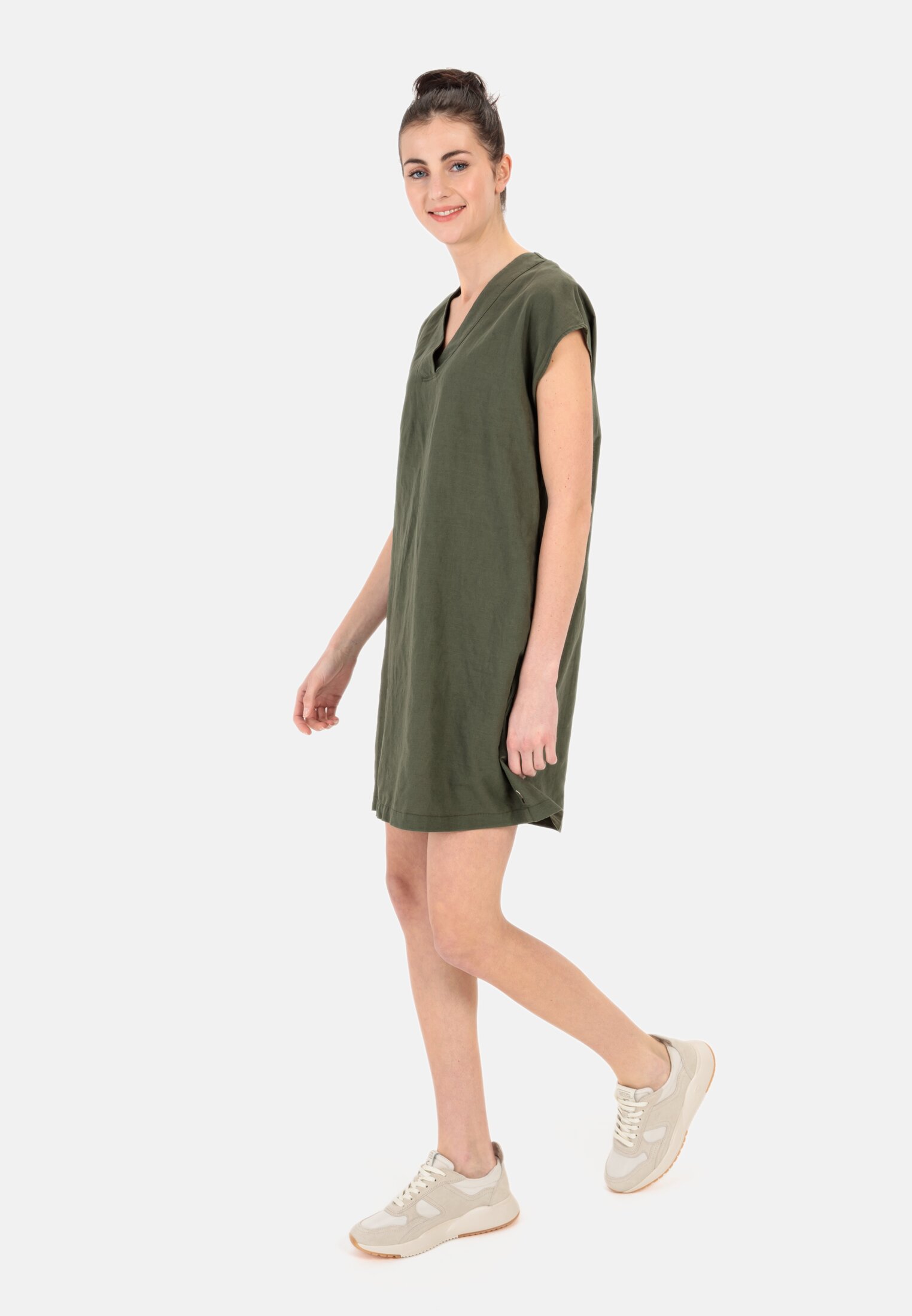 Women Slip dress in a summery linen blend Olive Green worn front full body
