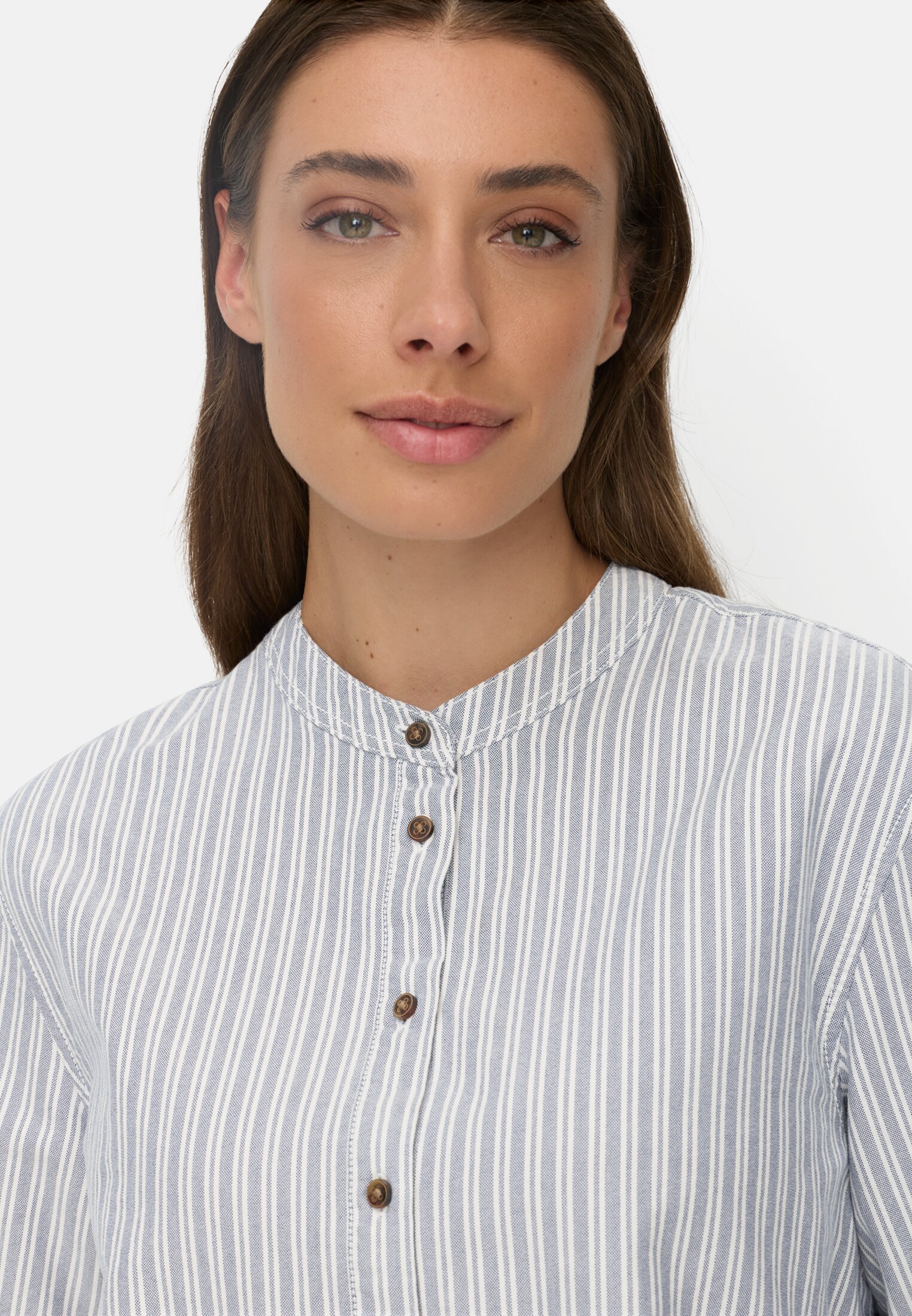 Women Cotton blouse with button placket Blue-White worn detail close
