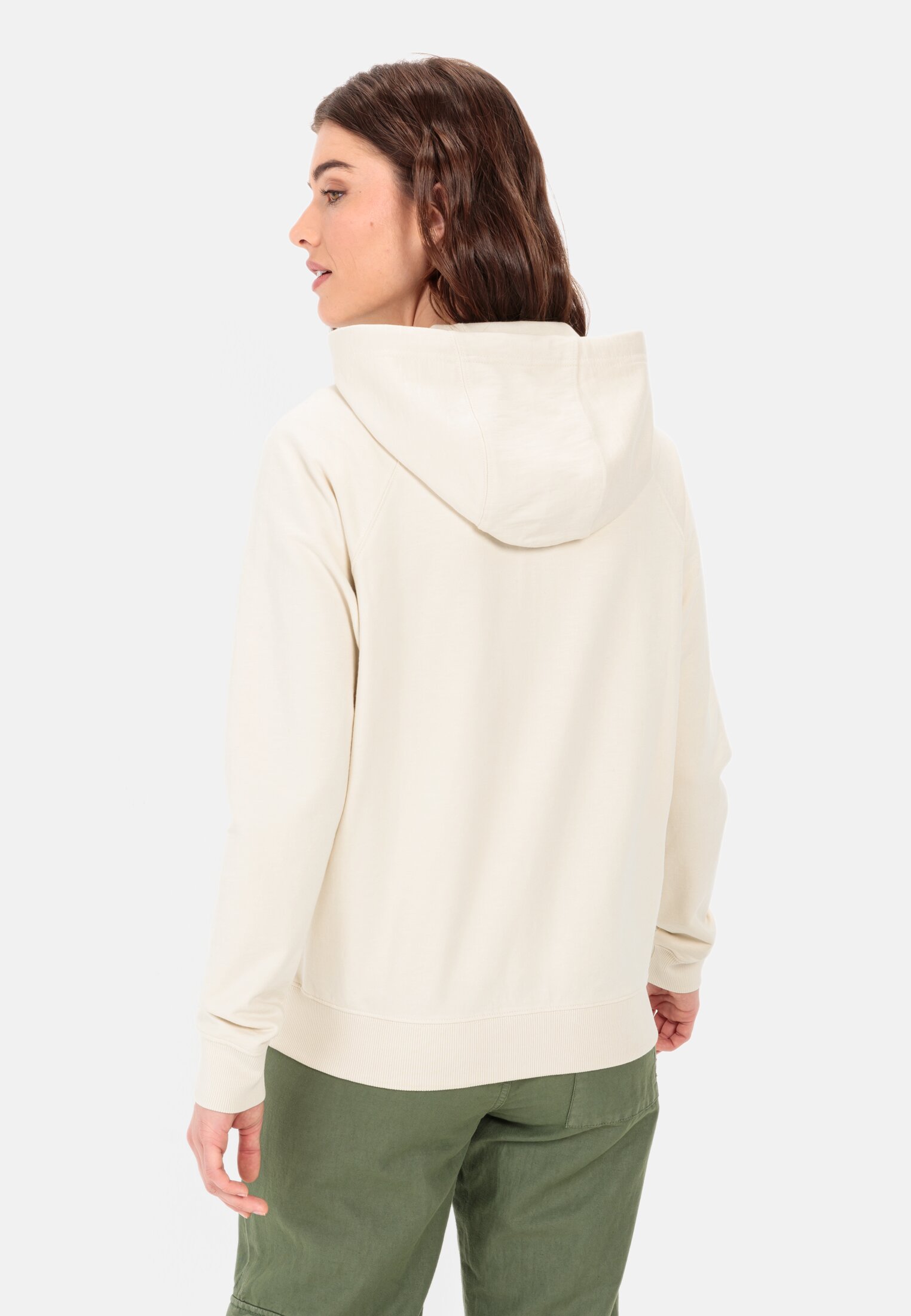 Damen Sweatjacke mit Kapuze Sand getragen hinten