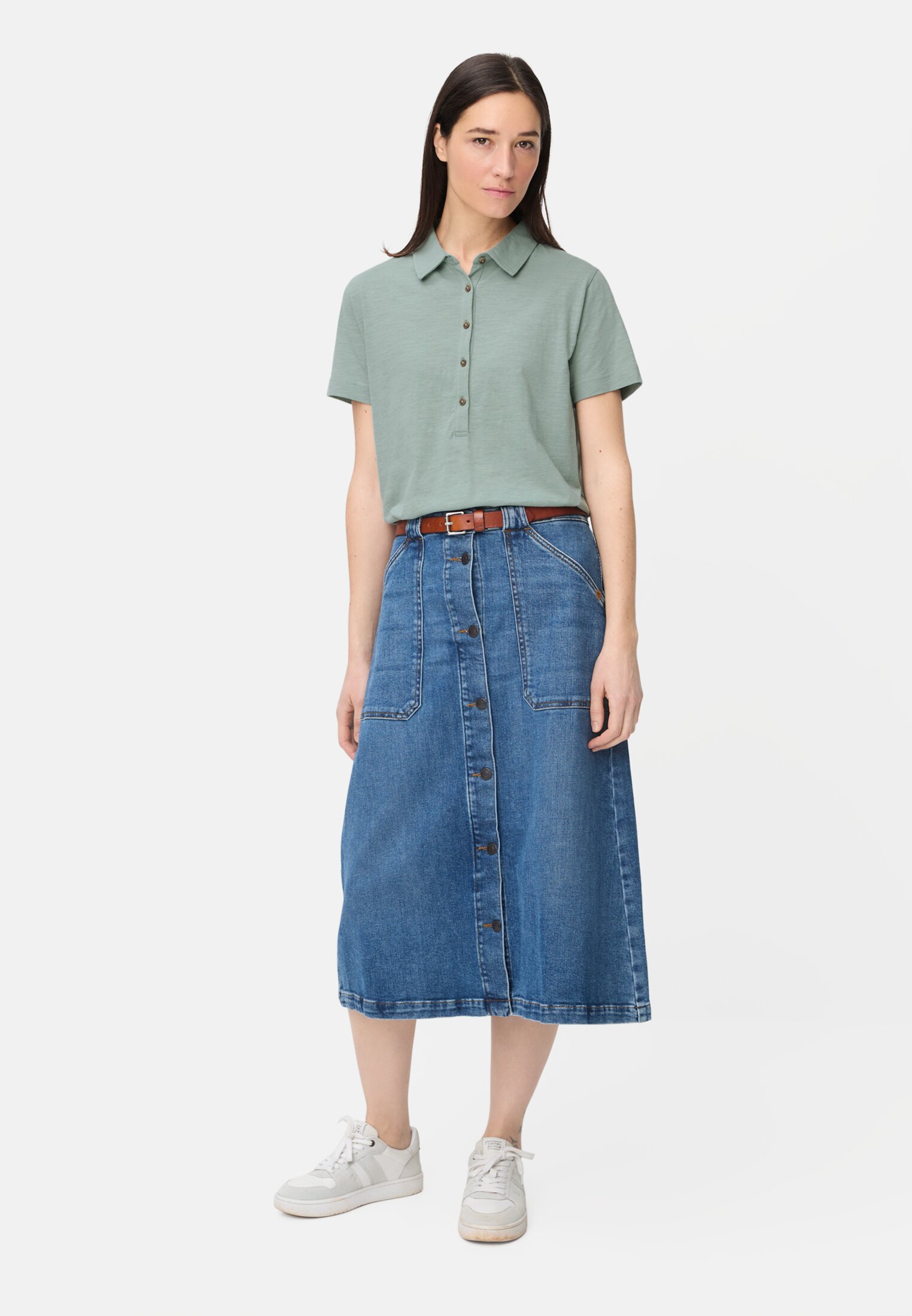 Women Polo shirt with button placket Jade Blue worn front full body