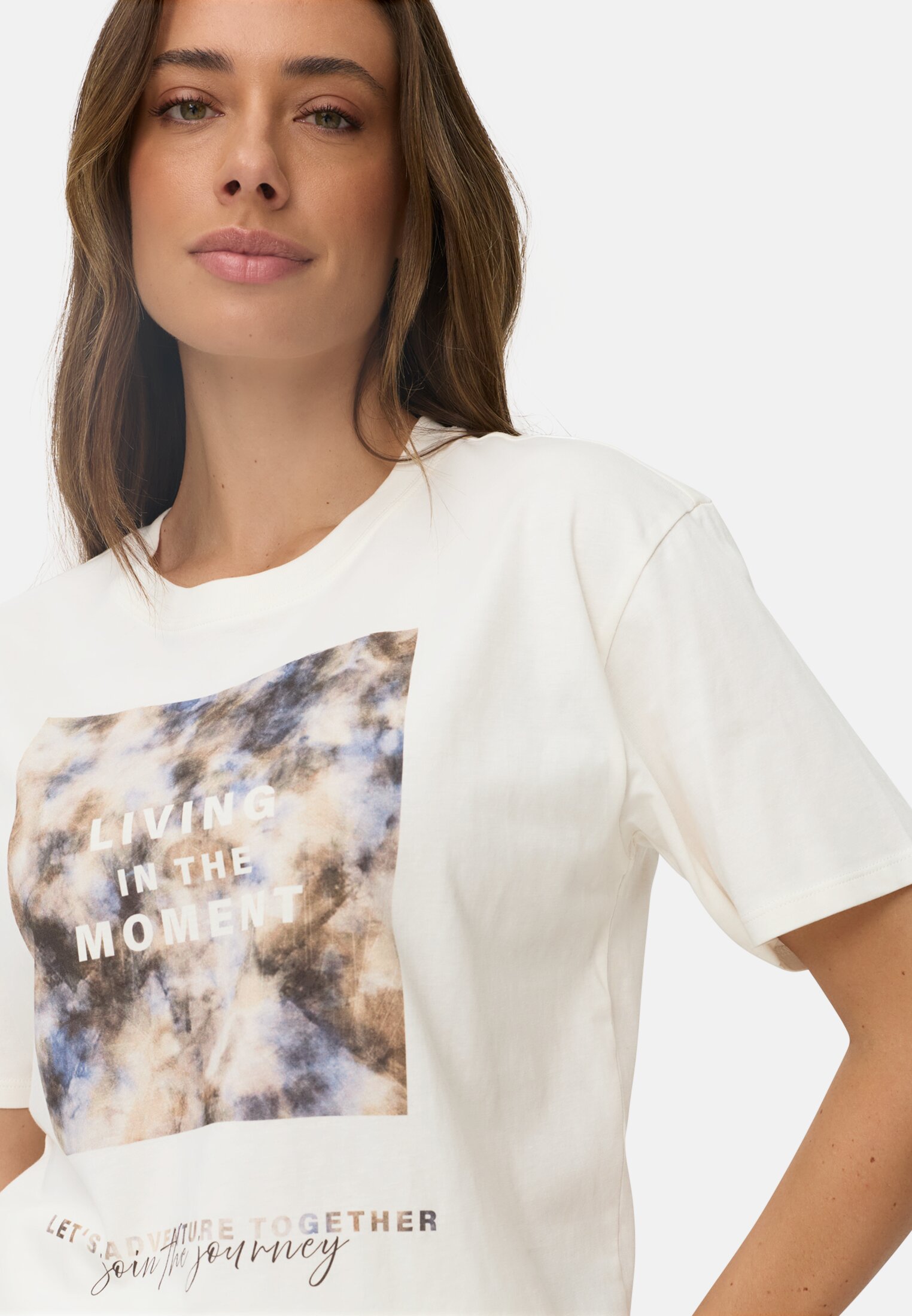 Women Printed T-shirt made of 100% cotton Milky white worn detail close