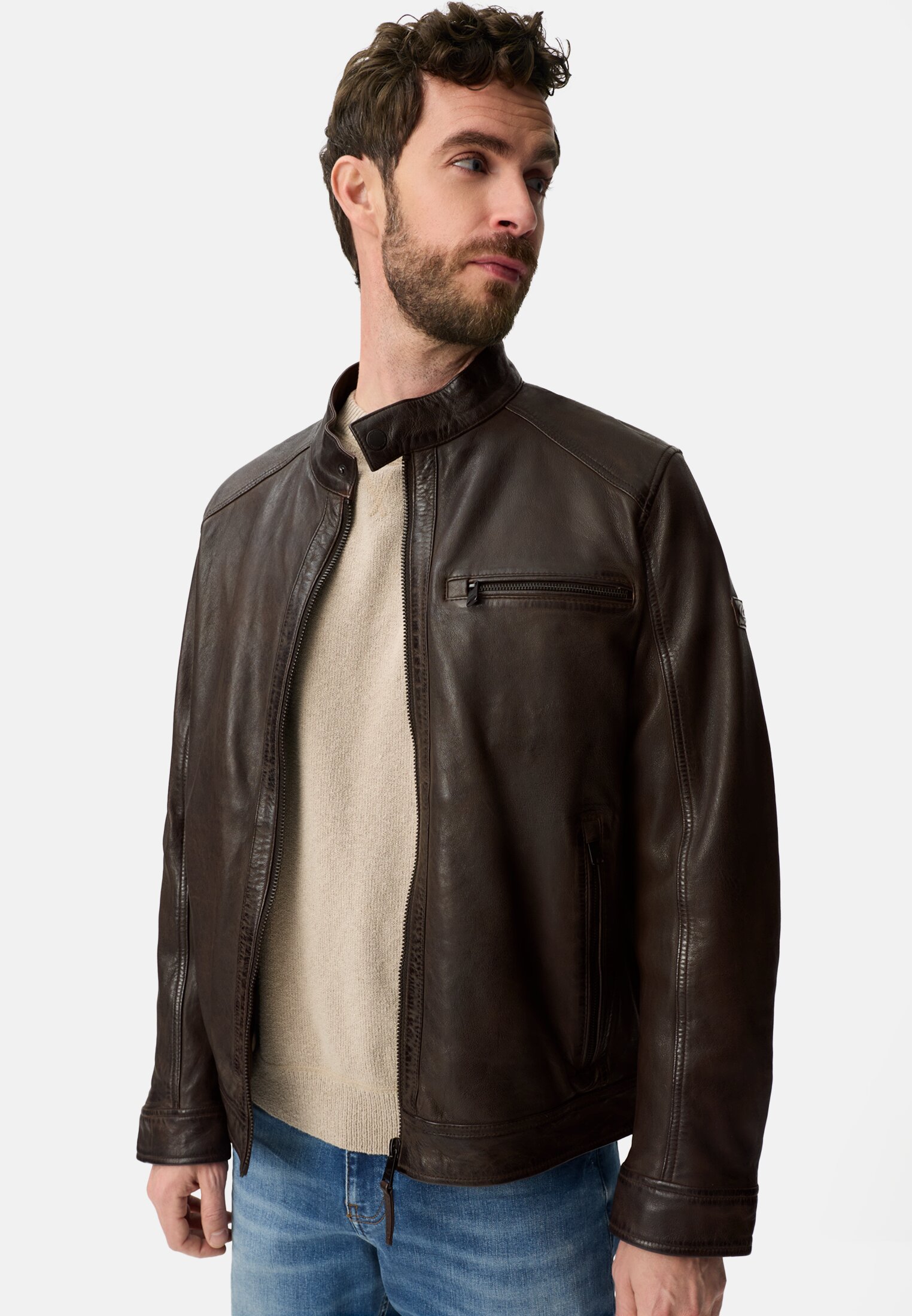 Herren Biker Lederjacke mit Innentaschen Dunkelbraun getragen emotional