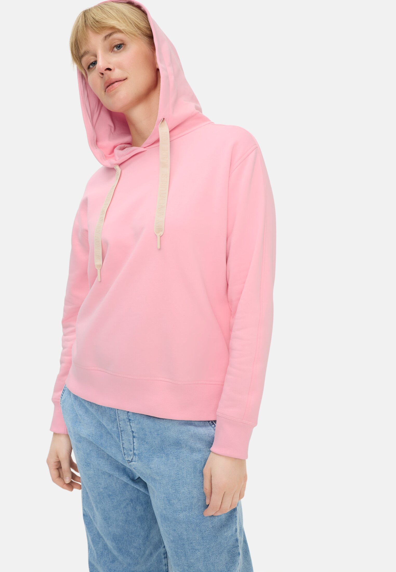 Damen Hoodie aus reiner Baumwolle Pink getragen emotional