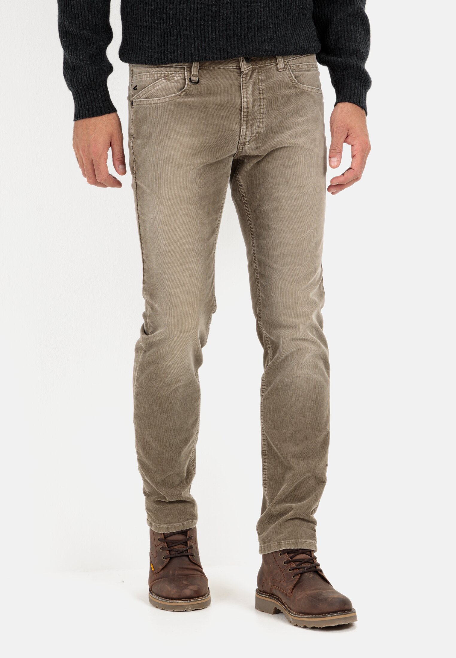 Men Slim Fit 5-Pocket Corduroy Trousers Brown worn front