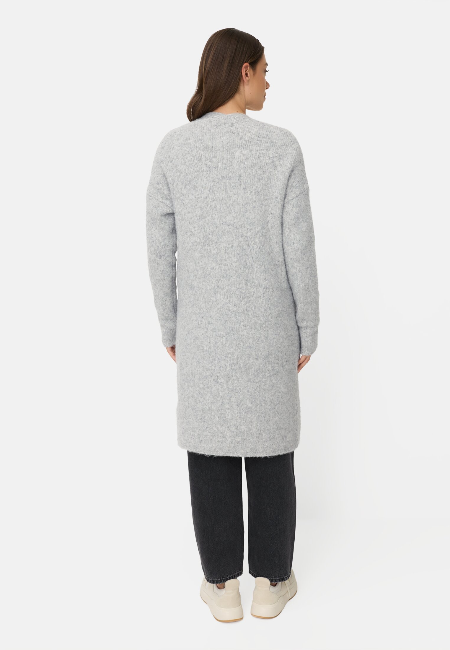 Damen Strickjacke mit aufgesetzten Taschen Grau getragen hinten
