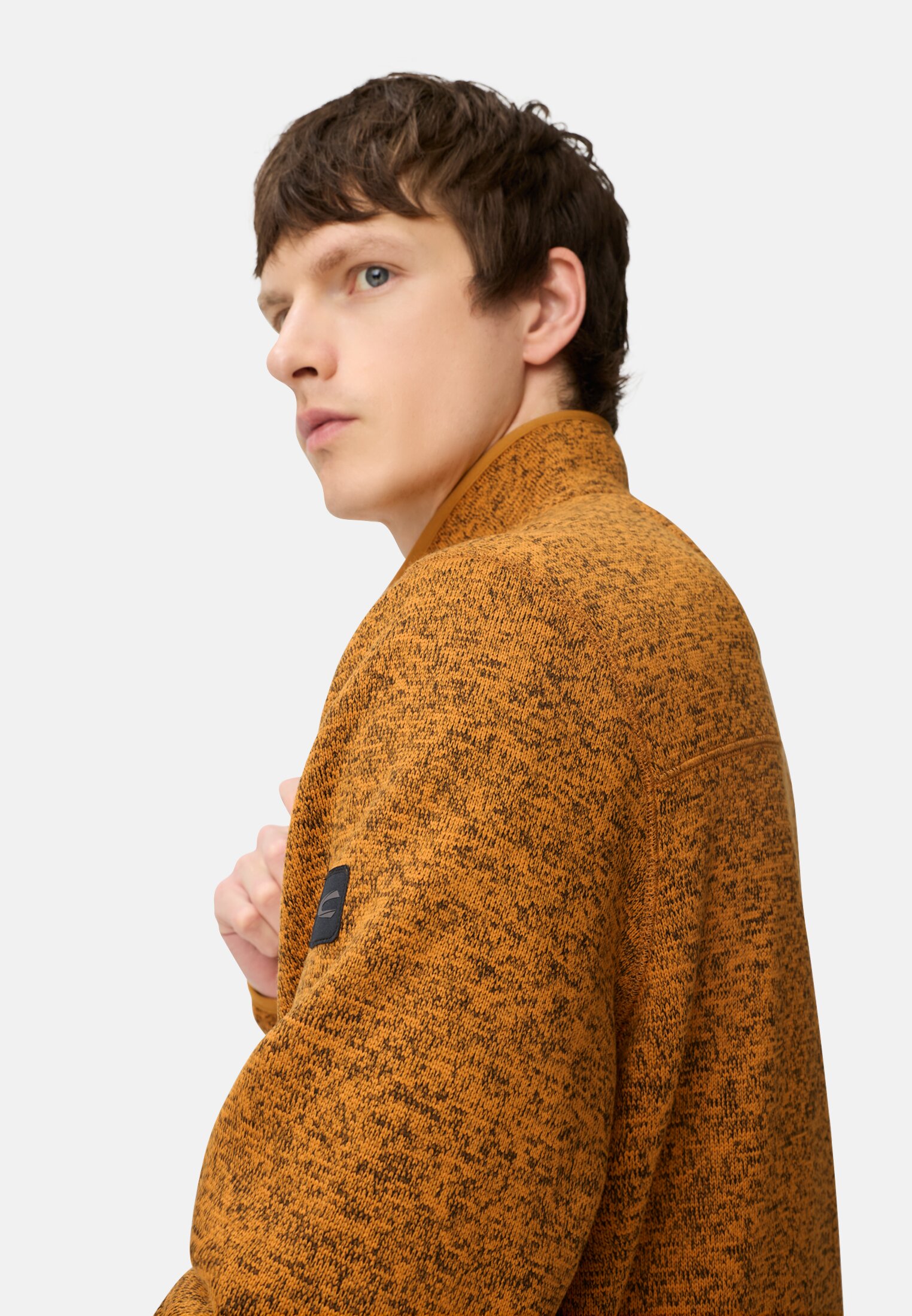 Men Cardigan with stand-up collar Yellow worn detail close