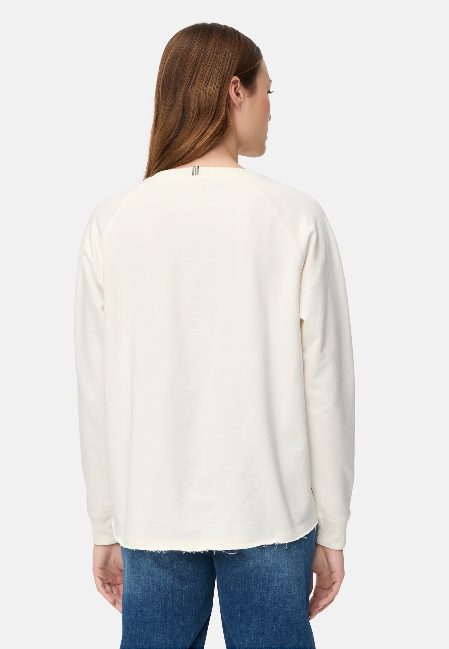 Vrouwen Sweatshirt met ronde hals gemaakt van puur katoen Melkwit gedragen achter