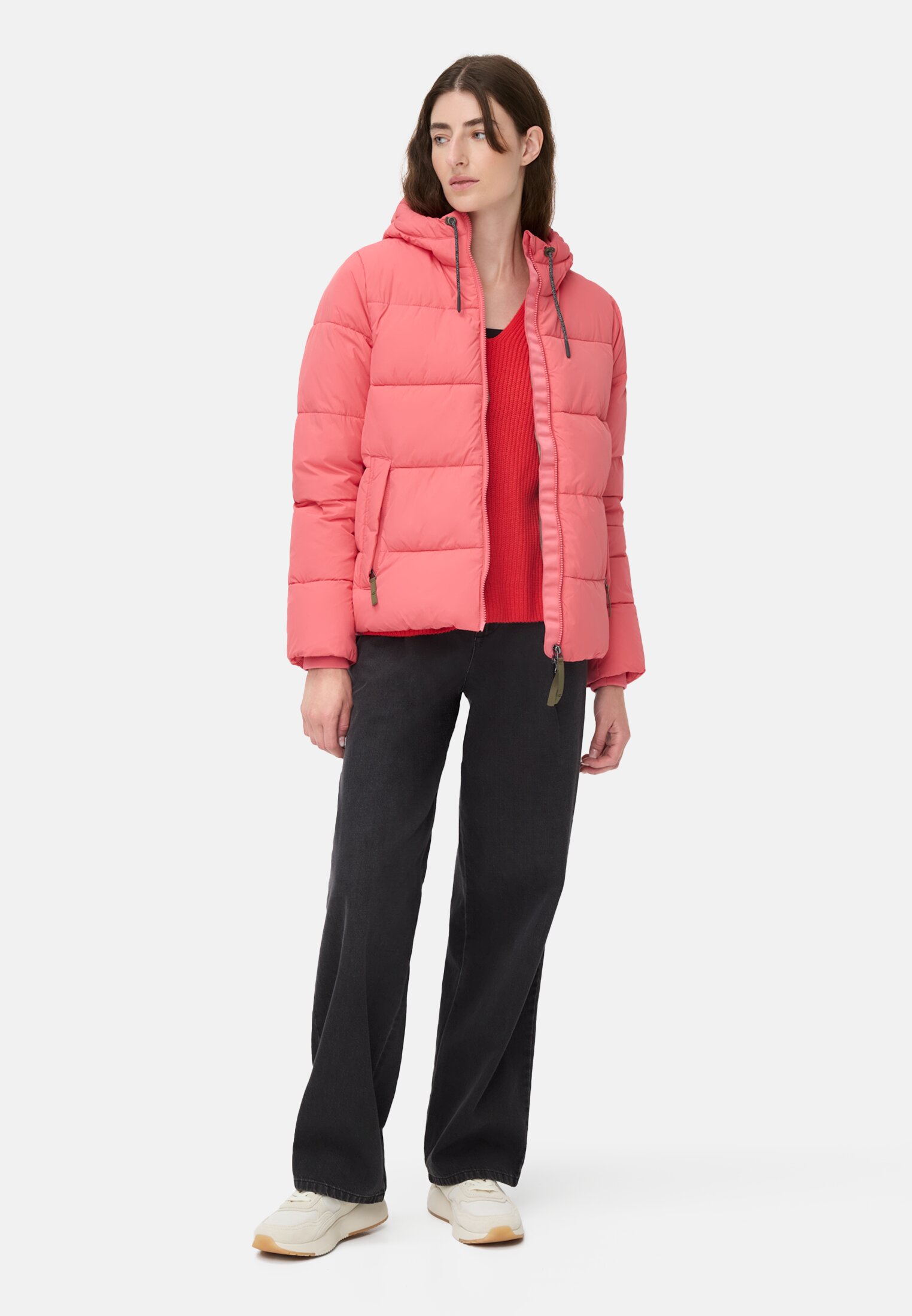 Women Puffer jacket with hood Berry worn front full body
