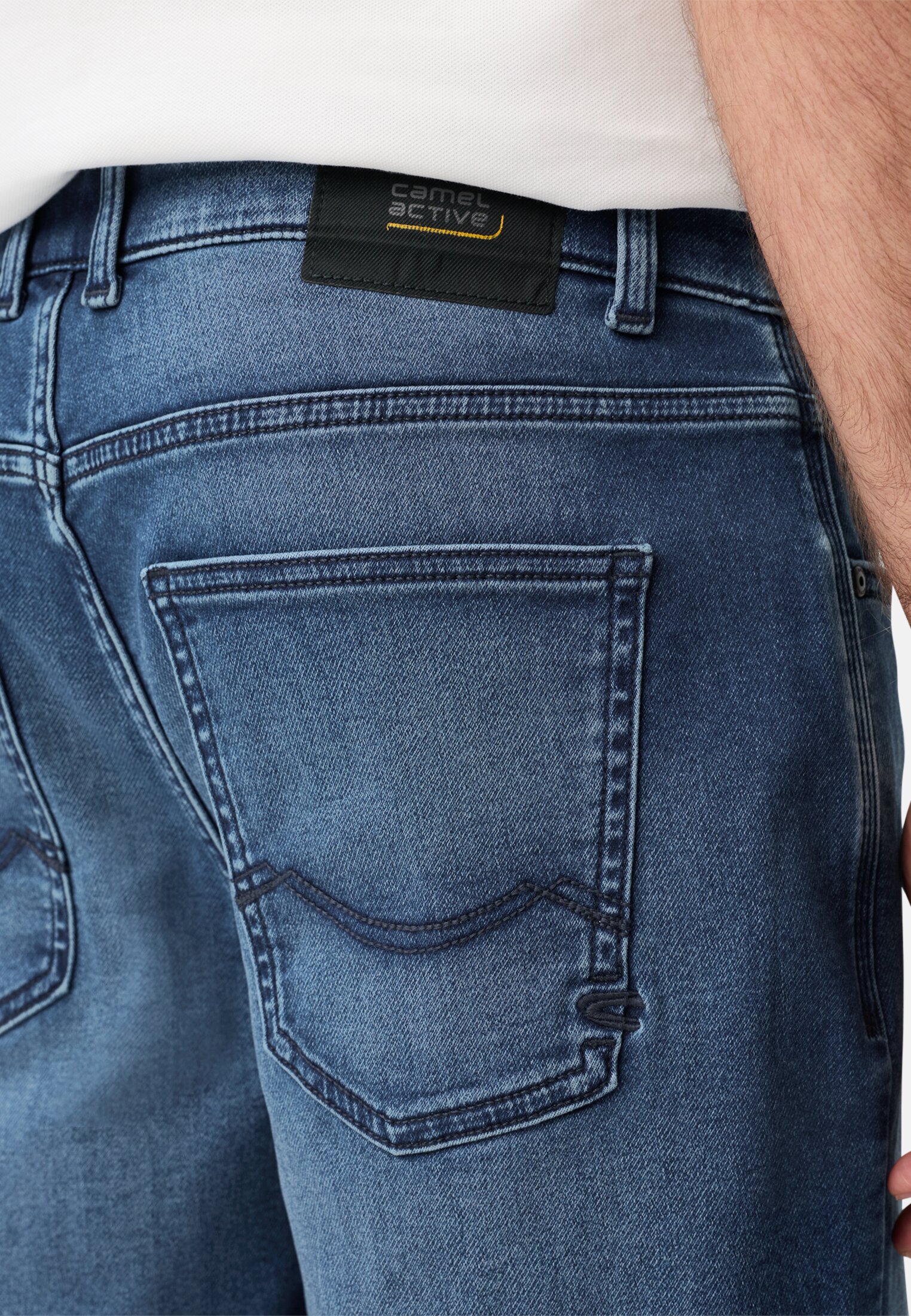 Men fleXXXactive® Jeans shorts made from cotton blend Indigo Blue worn detail close