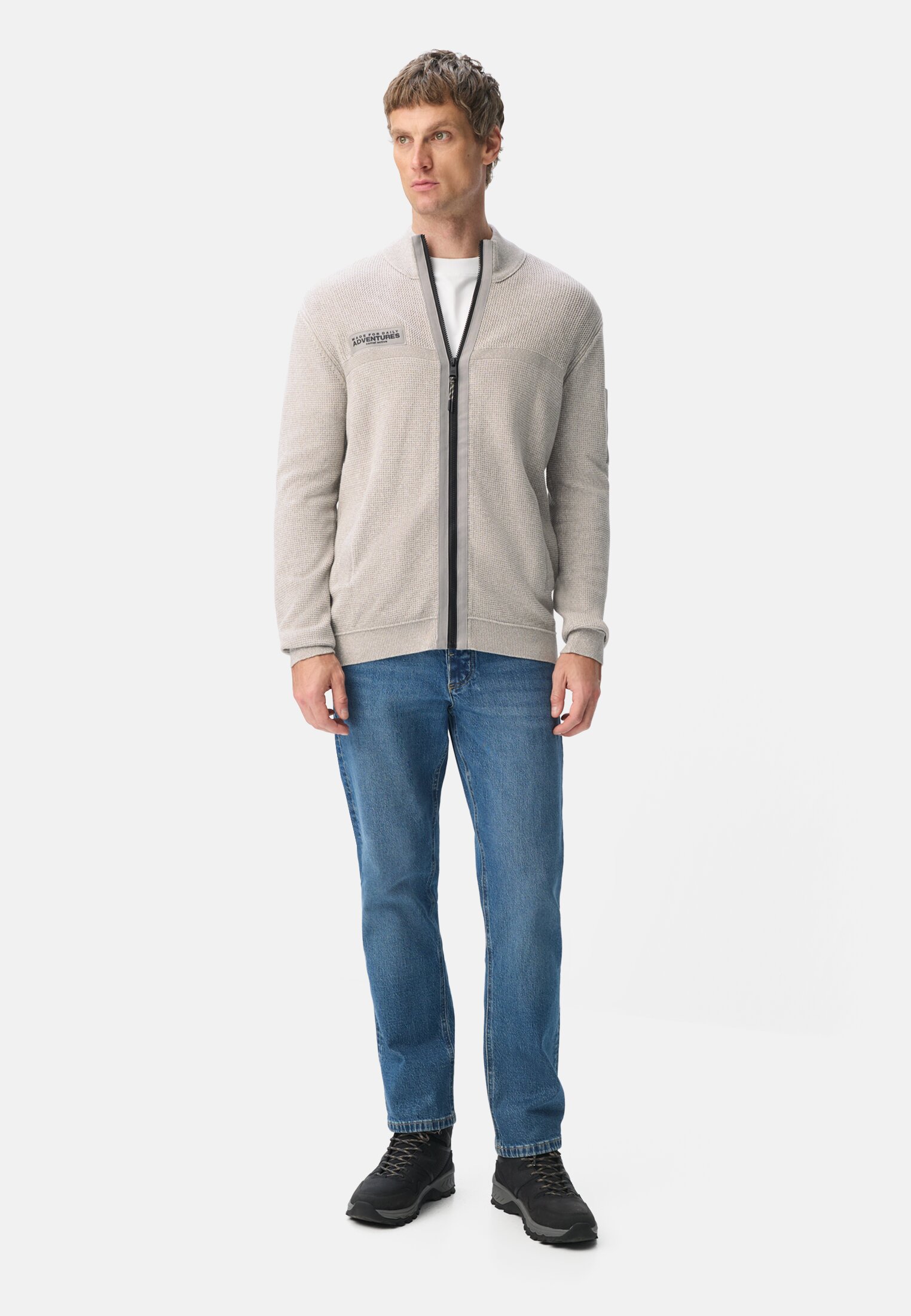 Men Cardigan with contrast details and stand-up collar Grey worn front full body