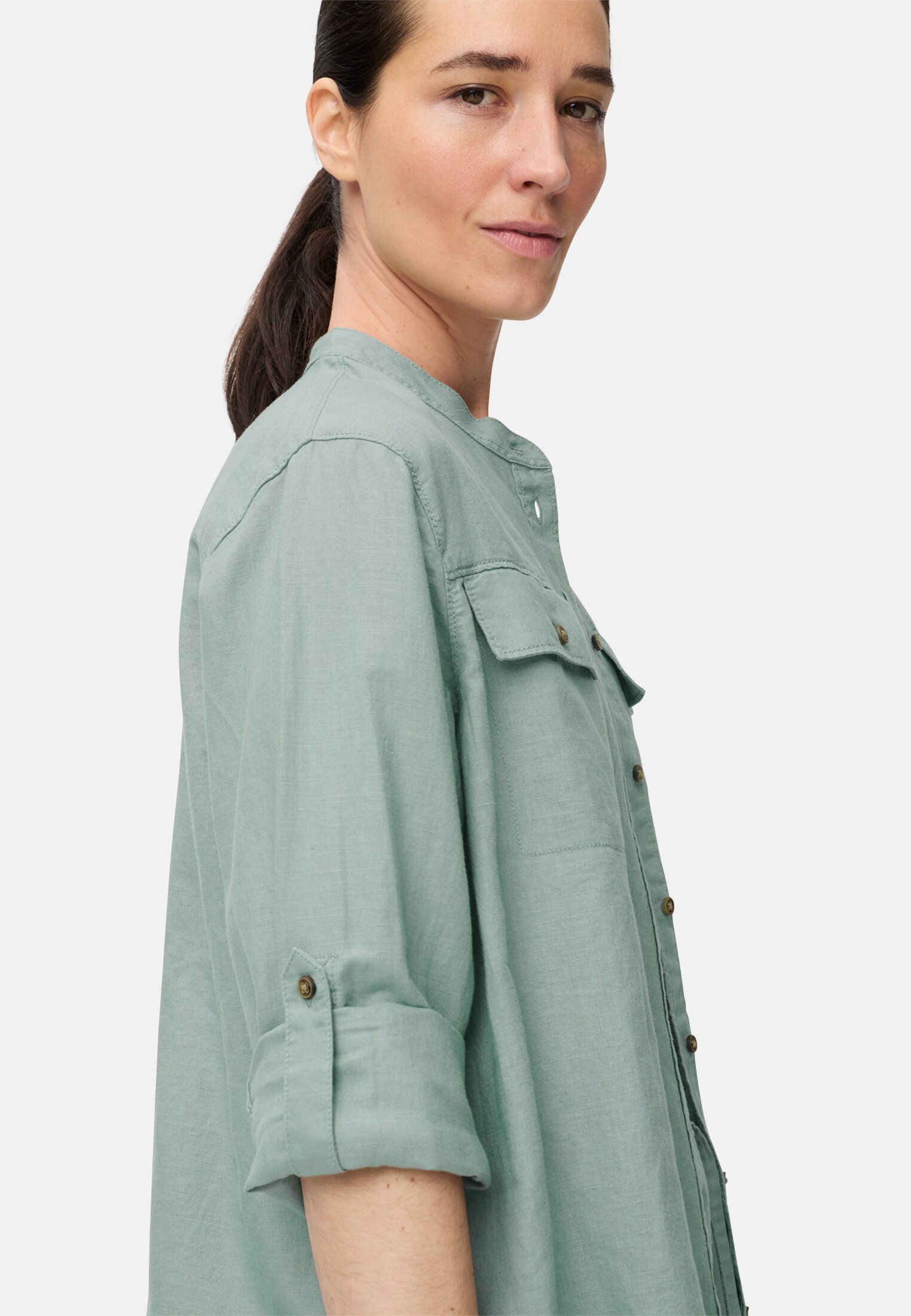 Women Blouse with stand-up collar and button placket Jade Blue worn detail close