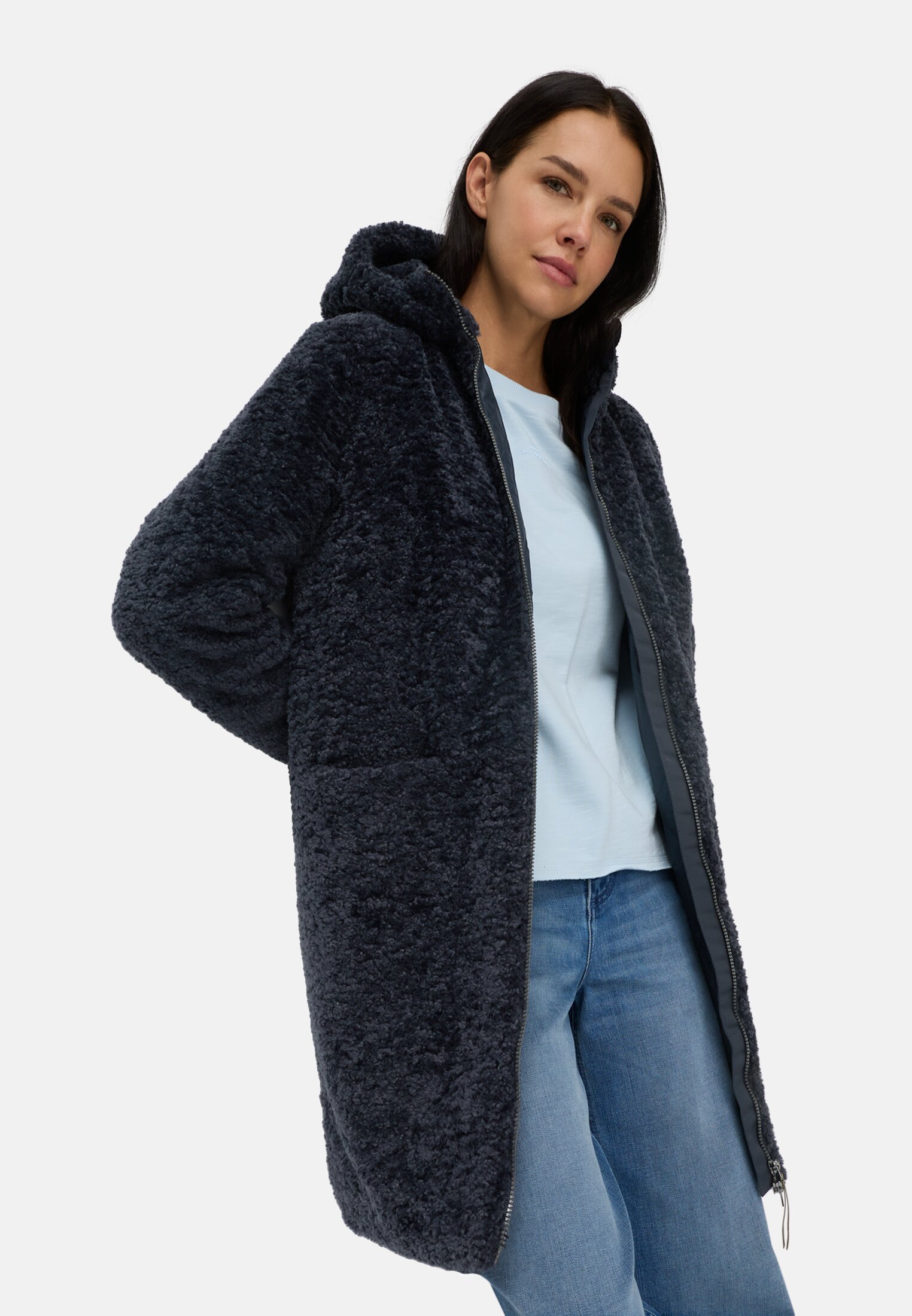 Damen Teddy Mantel mit Kapuze Navy getragen emotional