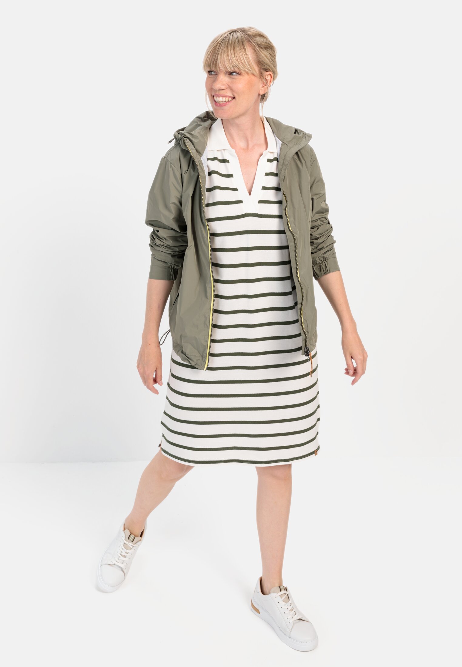 Women Piqué polo dress made from certified organic cotton Olive-White worn emotional