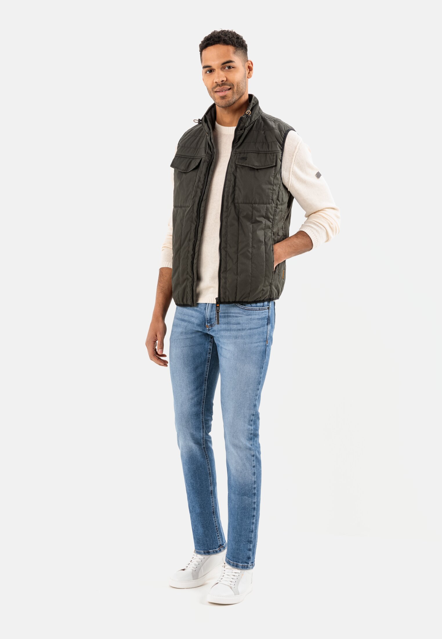 Men Quilted waistcoat with stand-up collar Olive worn front full body