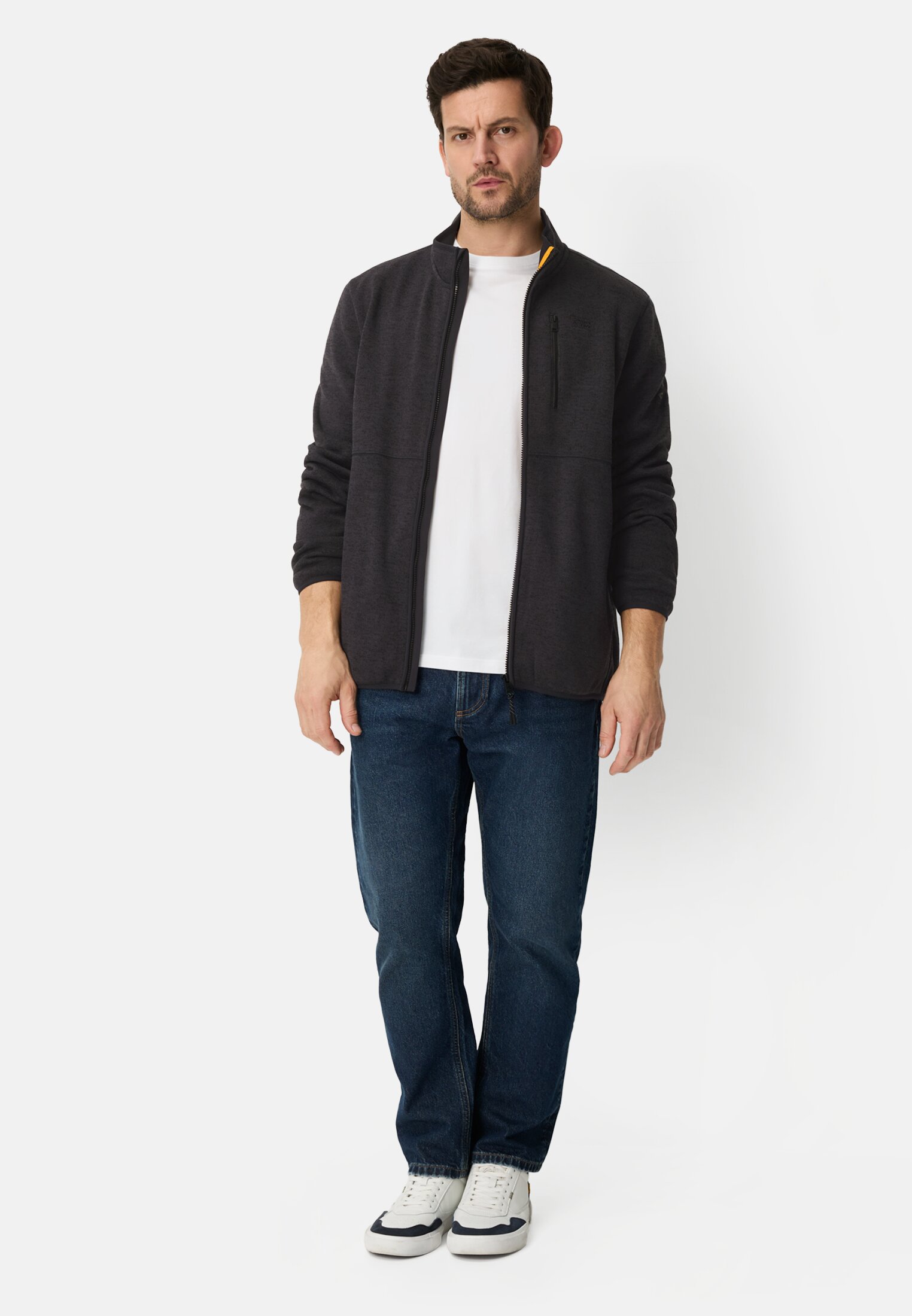 Men Cardigan with stand-up collar Navy blue worn front full body