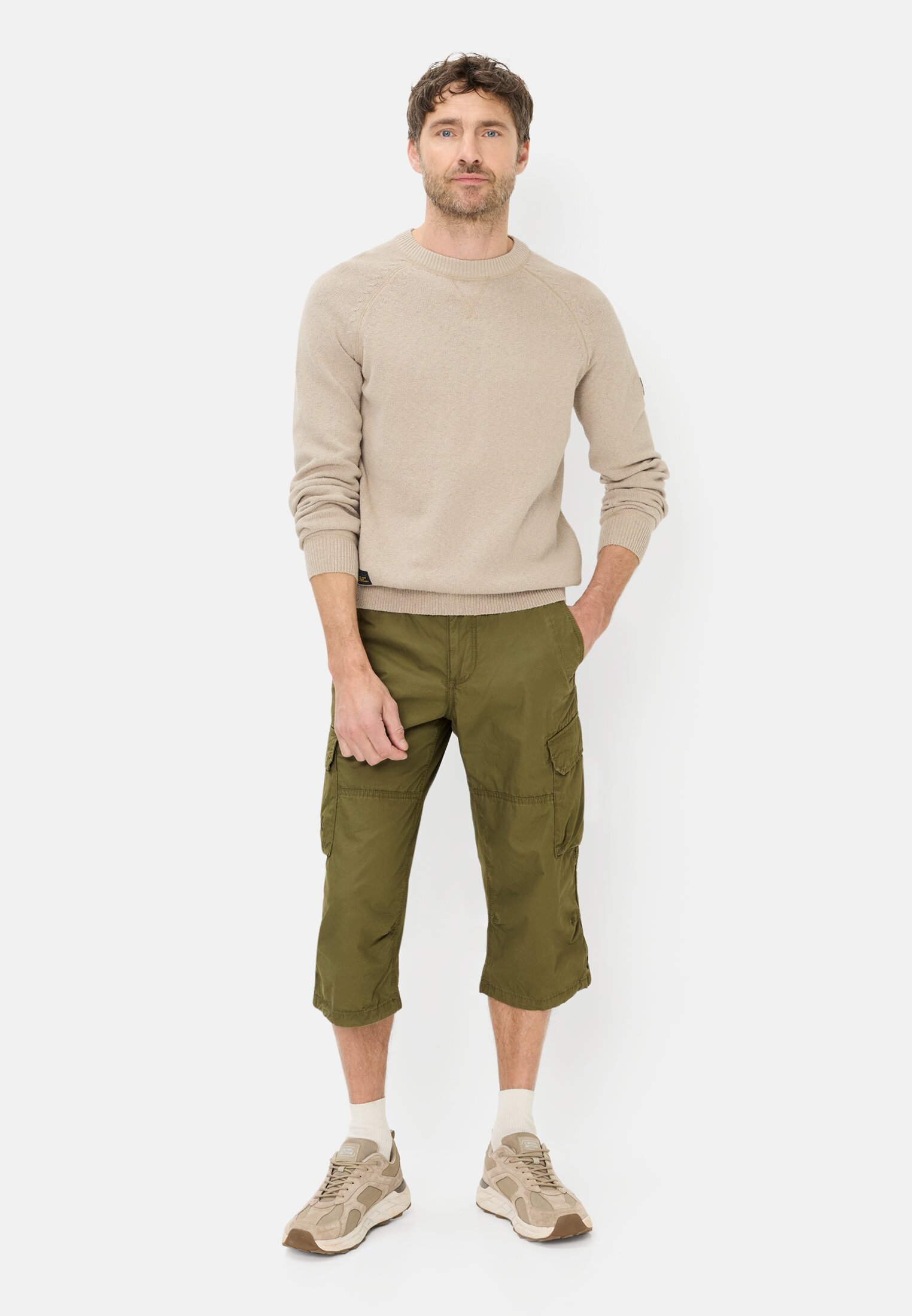 Men Cargo shorts made from pure cotton Olive Green worn front full body