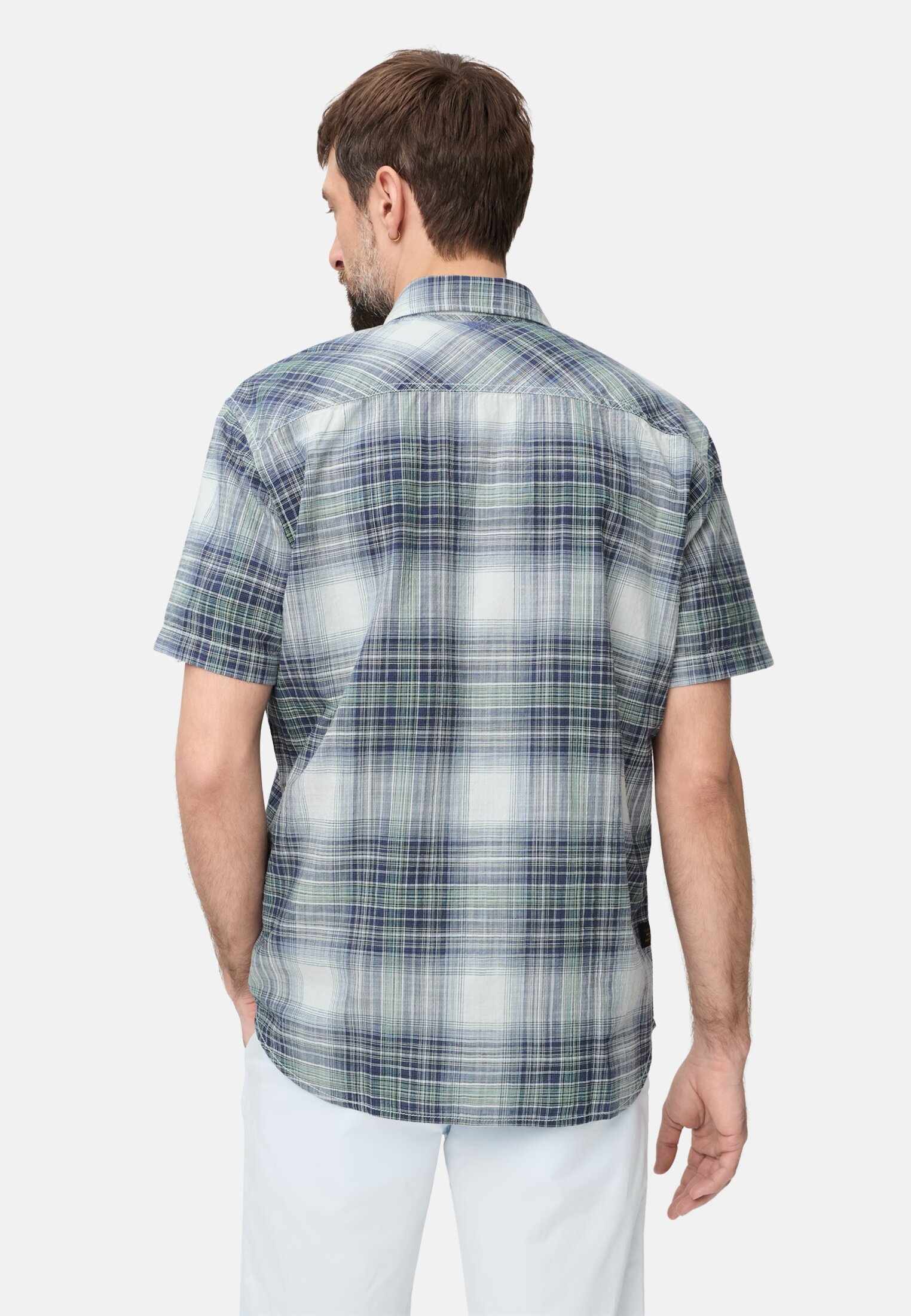 Heren Korte mouwen shirt met borstzakken Indigoblauw gedragen achter