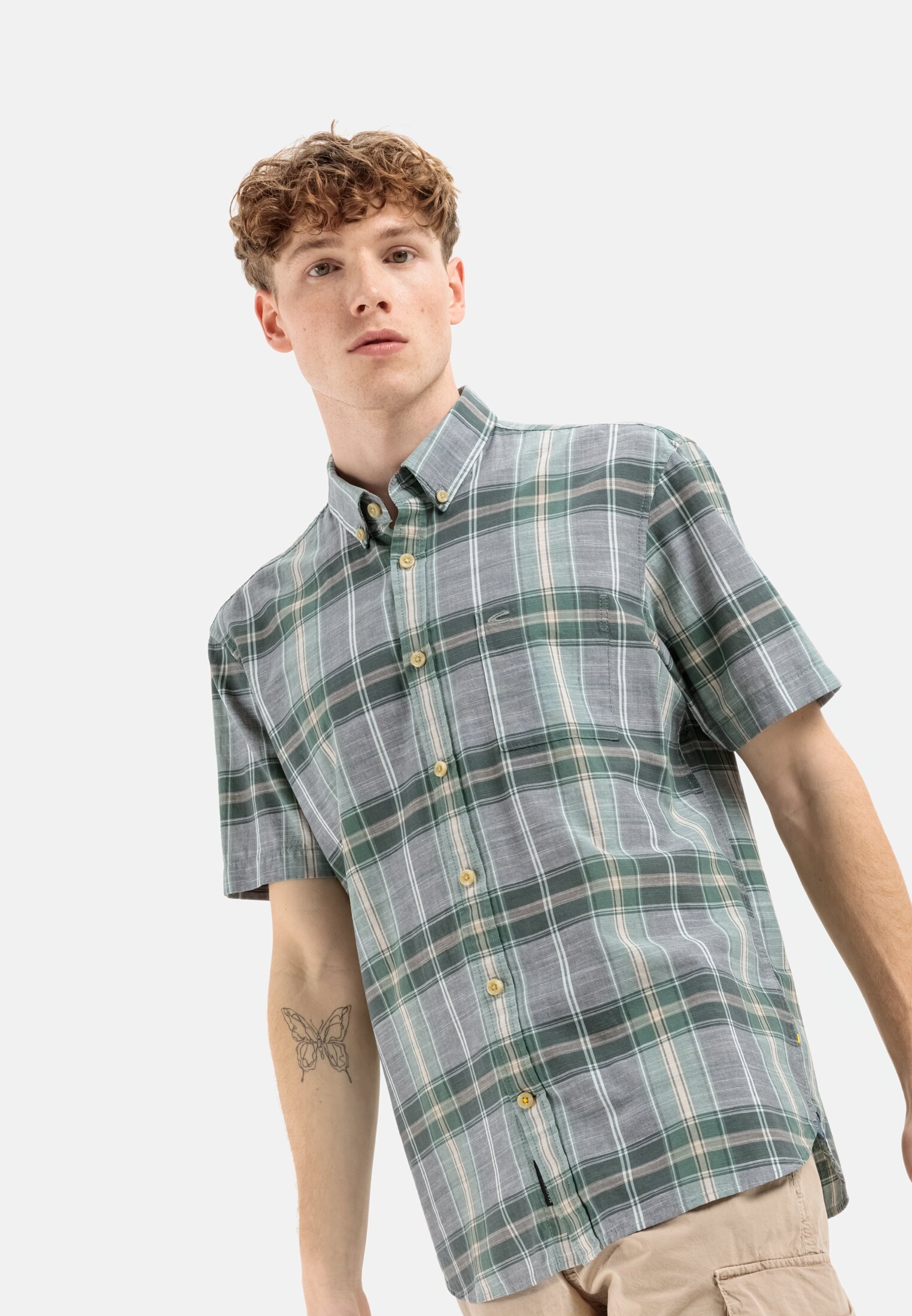 Men Short sleeve shirt in pure cotton Grey-green worn emotional