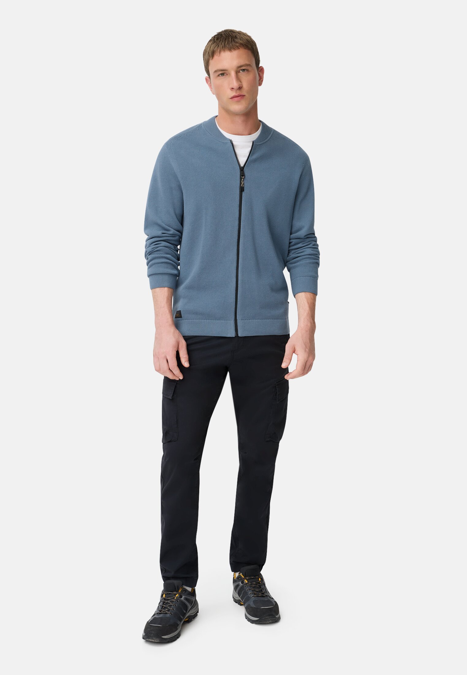 Men Bomber style cardigan Stone blue worn front full body