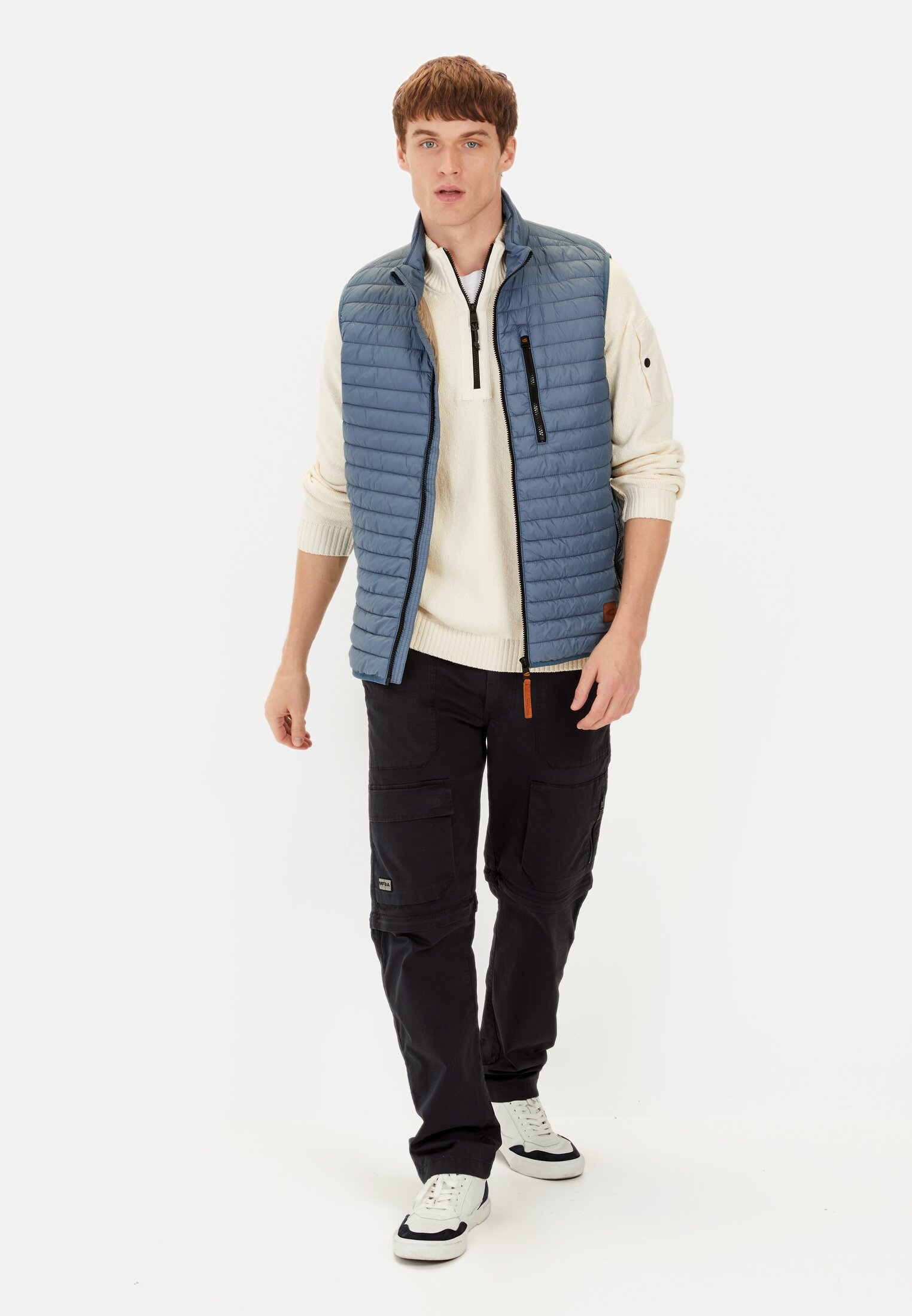 Men Quilted vest with stand-up collar Elemental Blue worn front full body