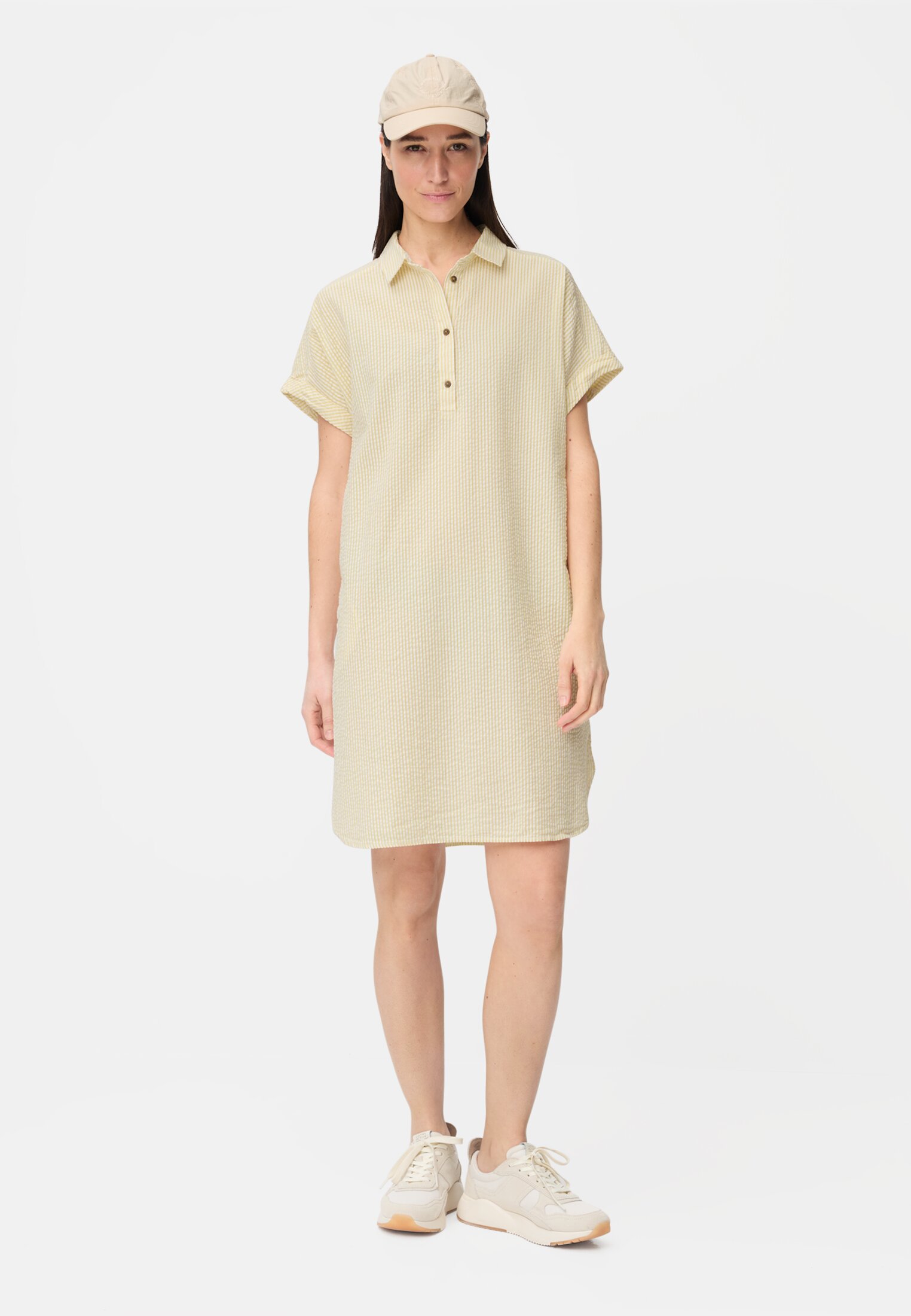 Damen Hemdblusenkleid mit Knopfleiste Gelb getragen vorn