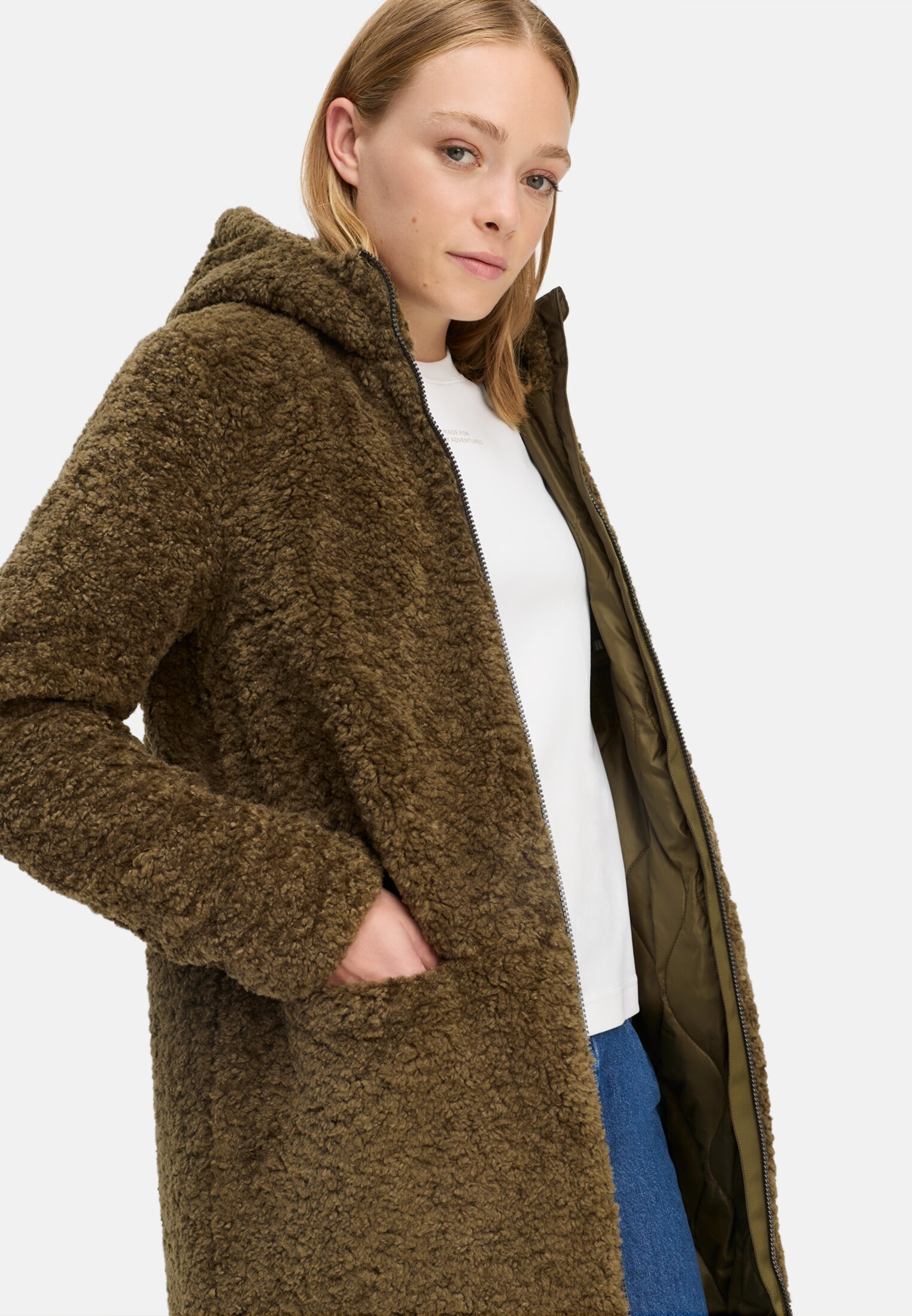 Damen Teddy Mantel mit Kapuze Dunkelkhaki getragen emotional