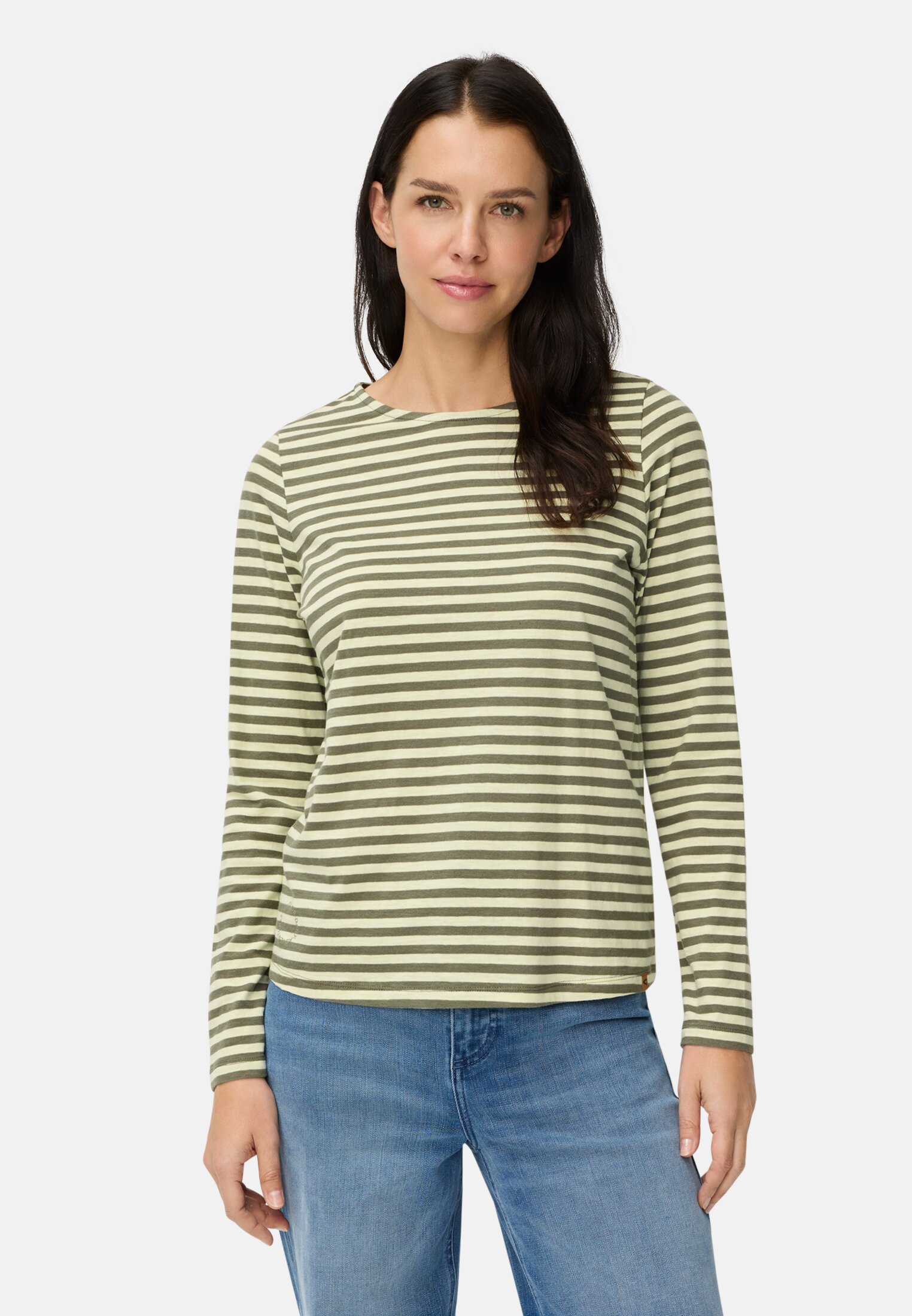 Damen Langarmshirt aus reiner Baumwolle Graugrün getragen vorn