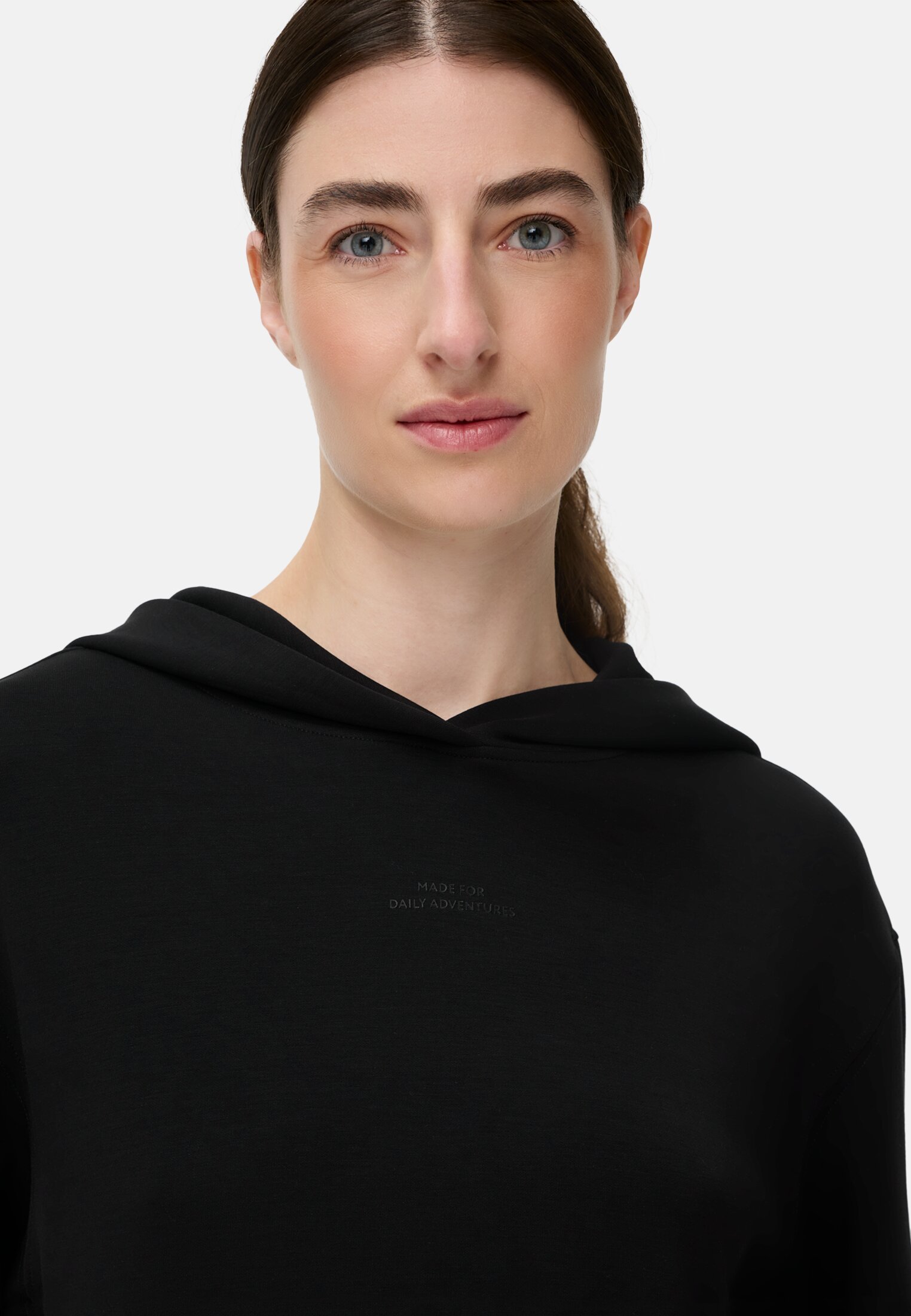 Vrouwen Hoodie met relaxed fit Kaviaar gedragen detail dichtbij  