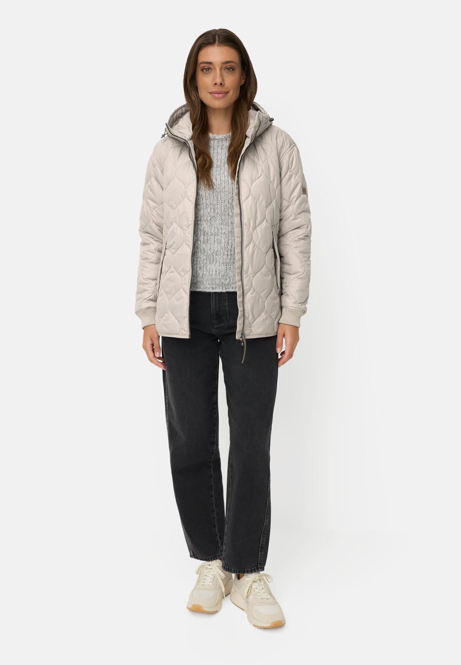 Women Water-repellent oversized jacket with 2-way zipper Grey worn front full body
