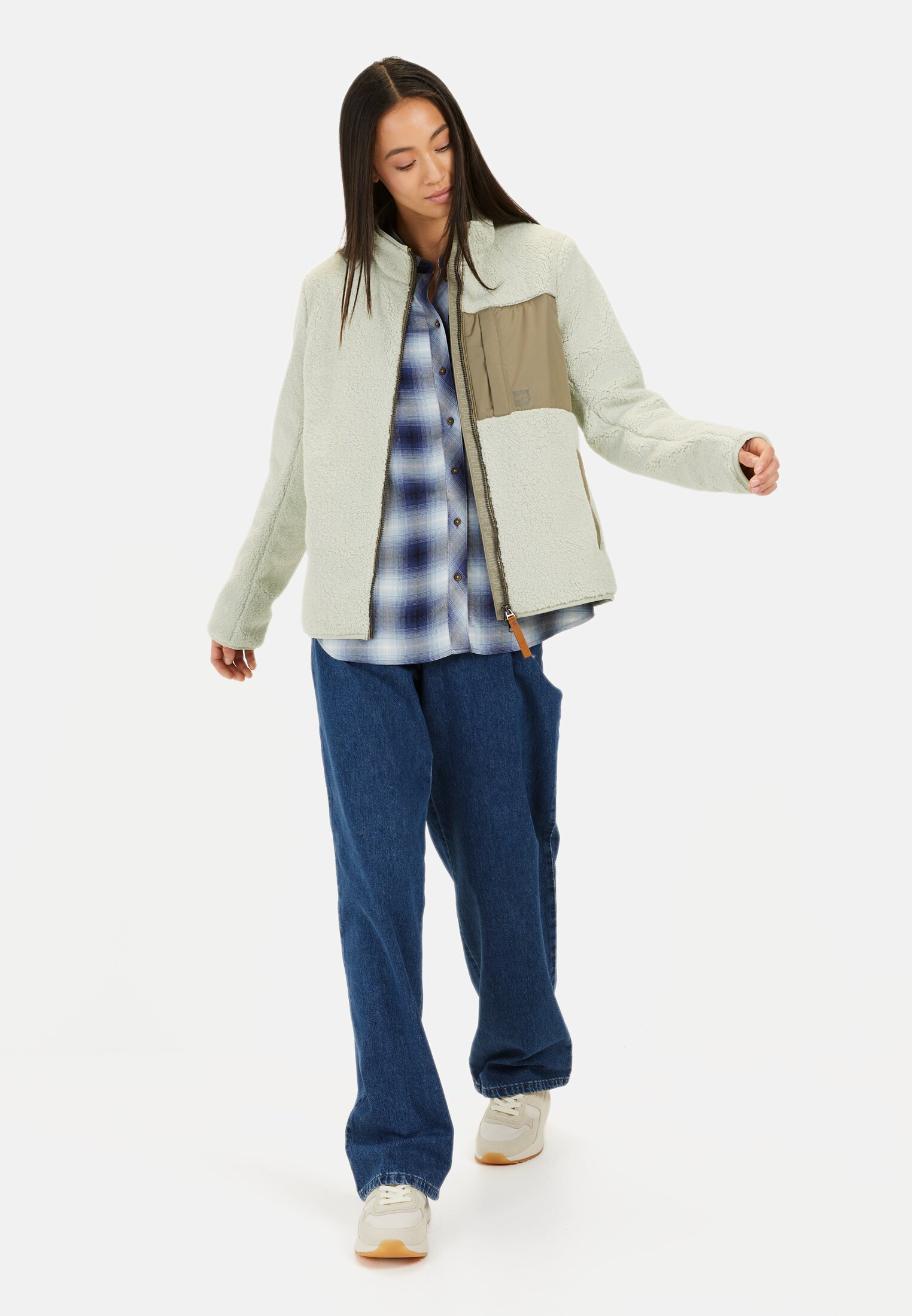 Women Fleece jacket with stand-up collar Eukalyptus worn front full body