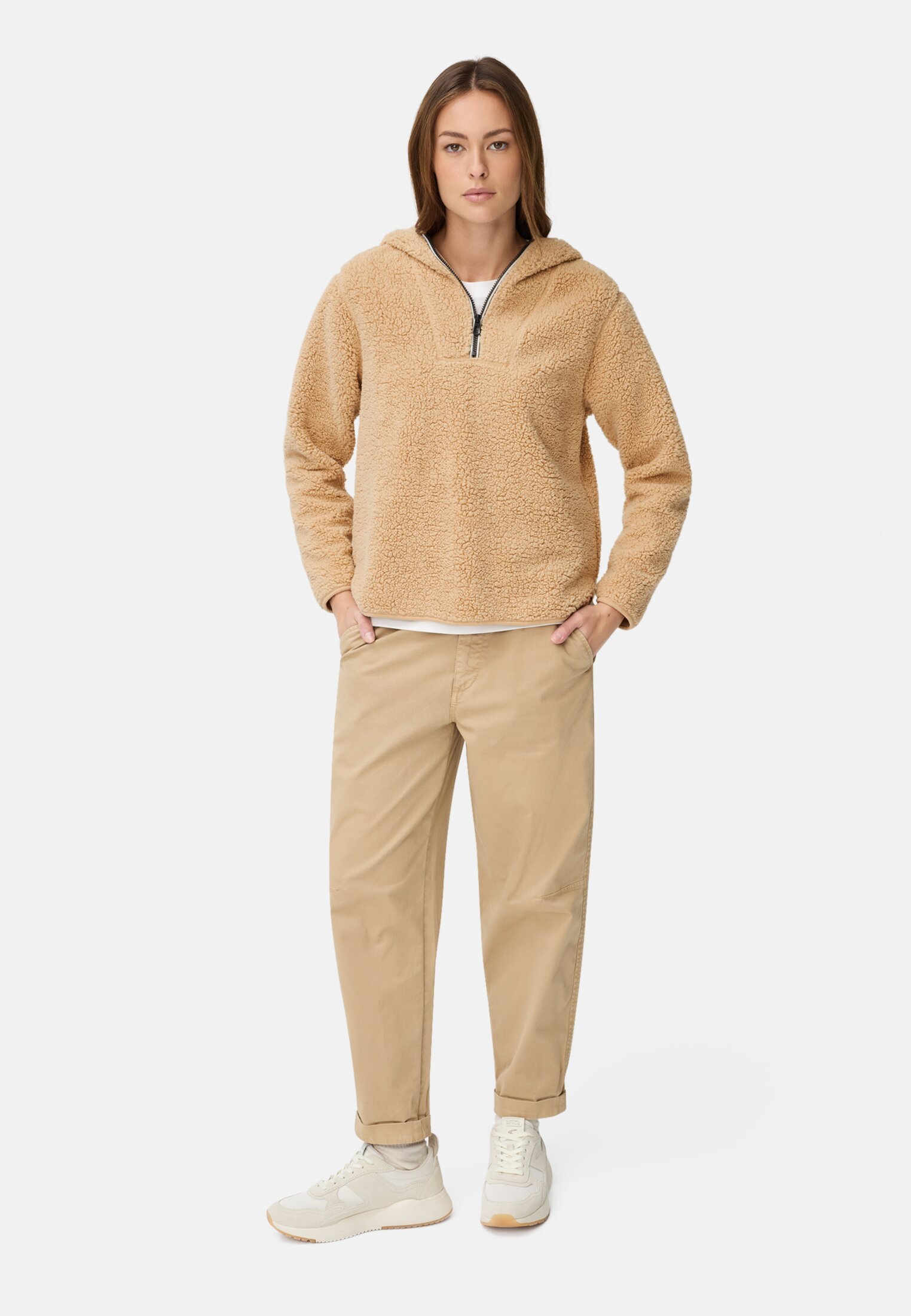 Women Hoodie with half-zip Caramel worn front full body