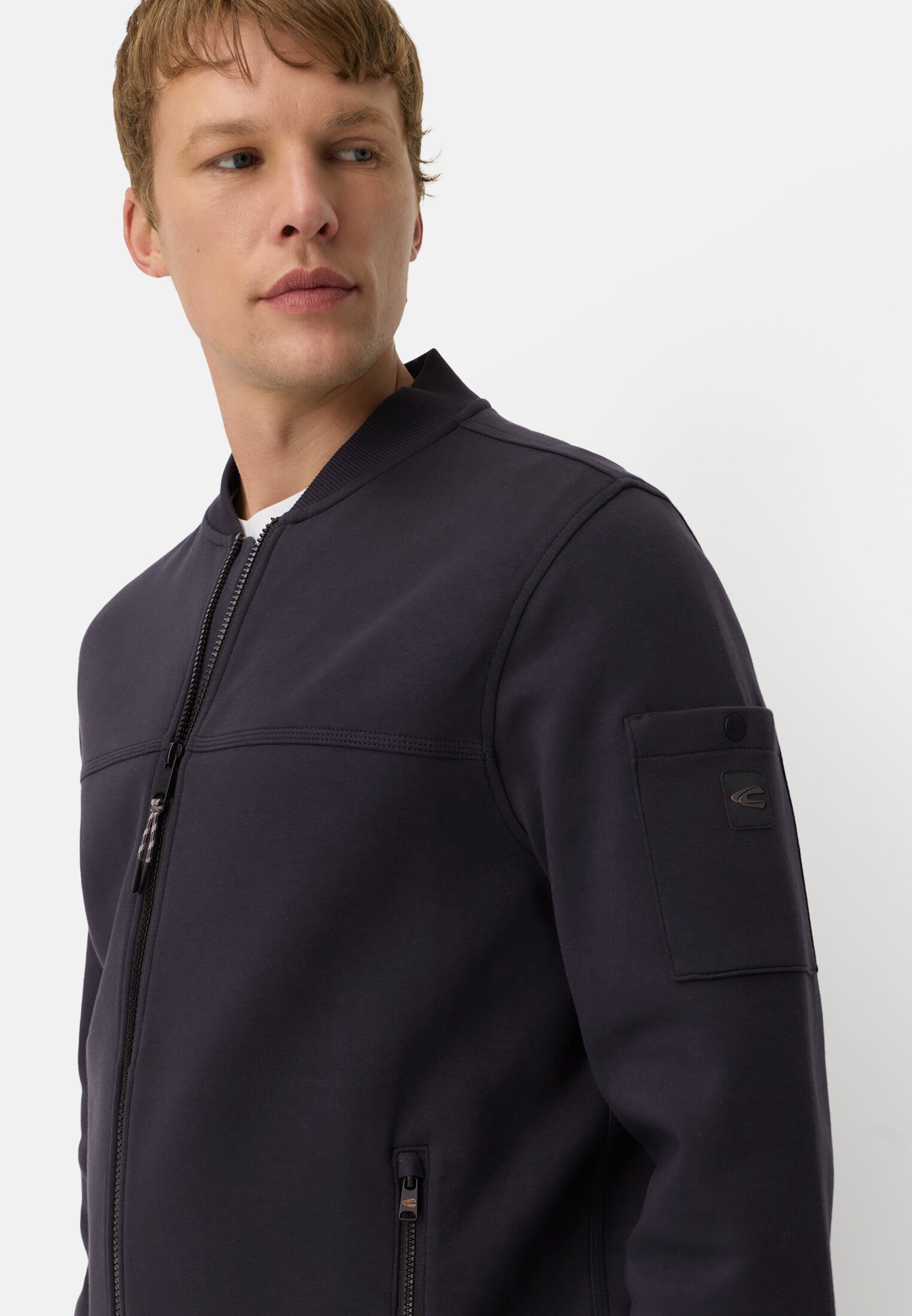 Men fleXXXactive® Sweat Jacket made from scuba jersey Navy Blue worn detail close