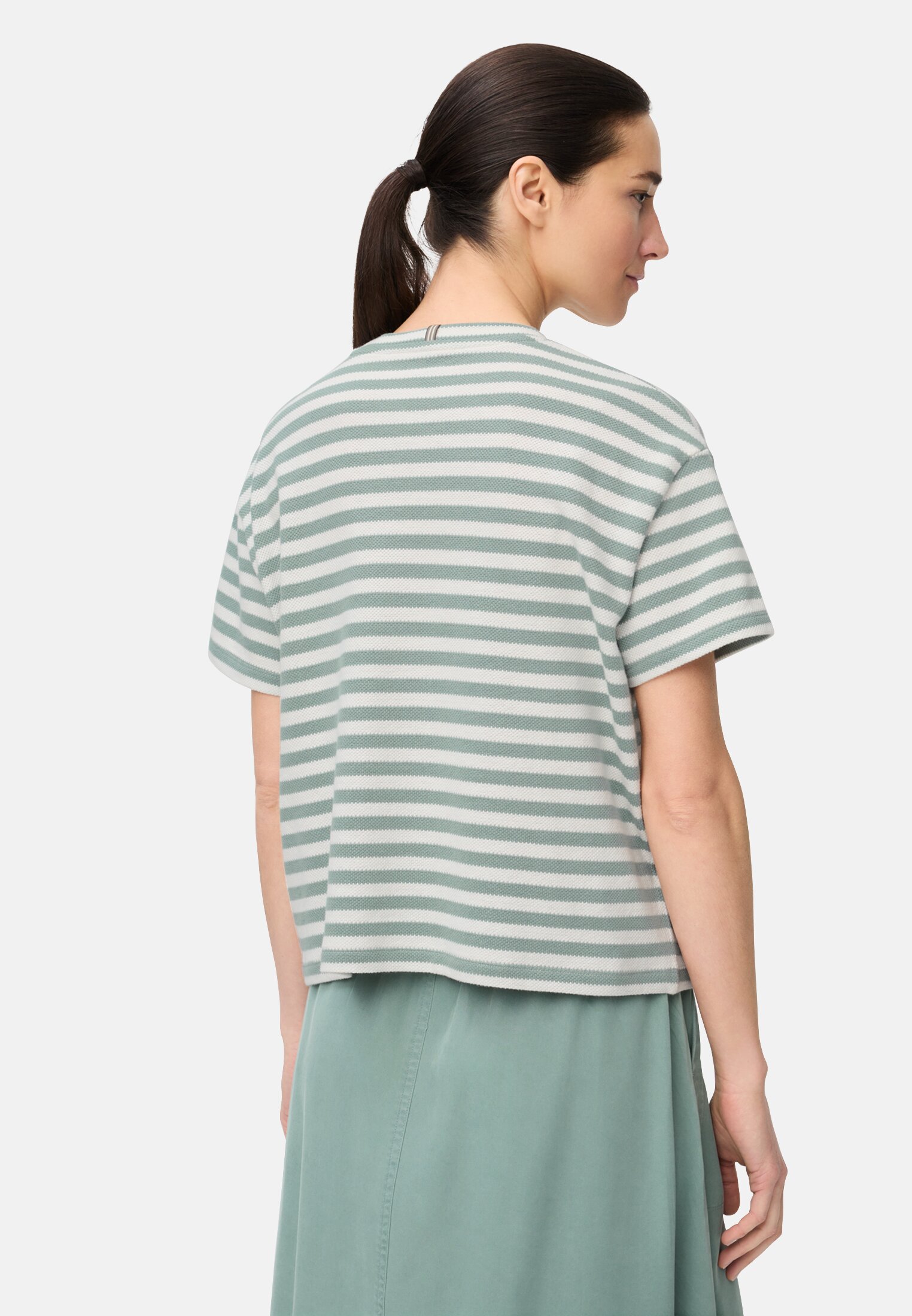 Vrouwen T-shirt met ronde hals Jadeblauw gedragen achter